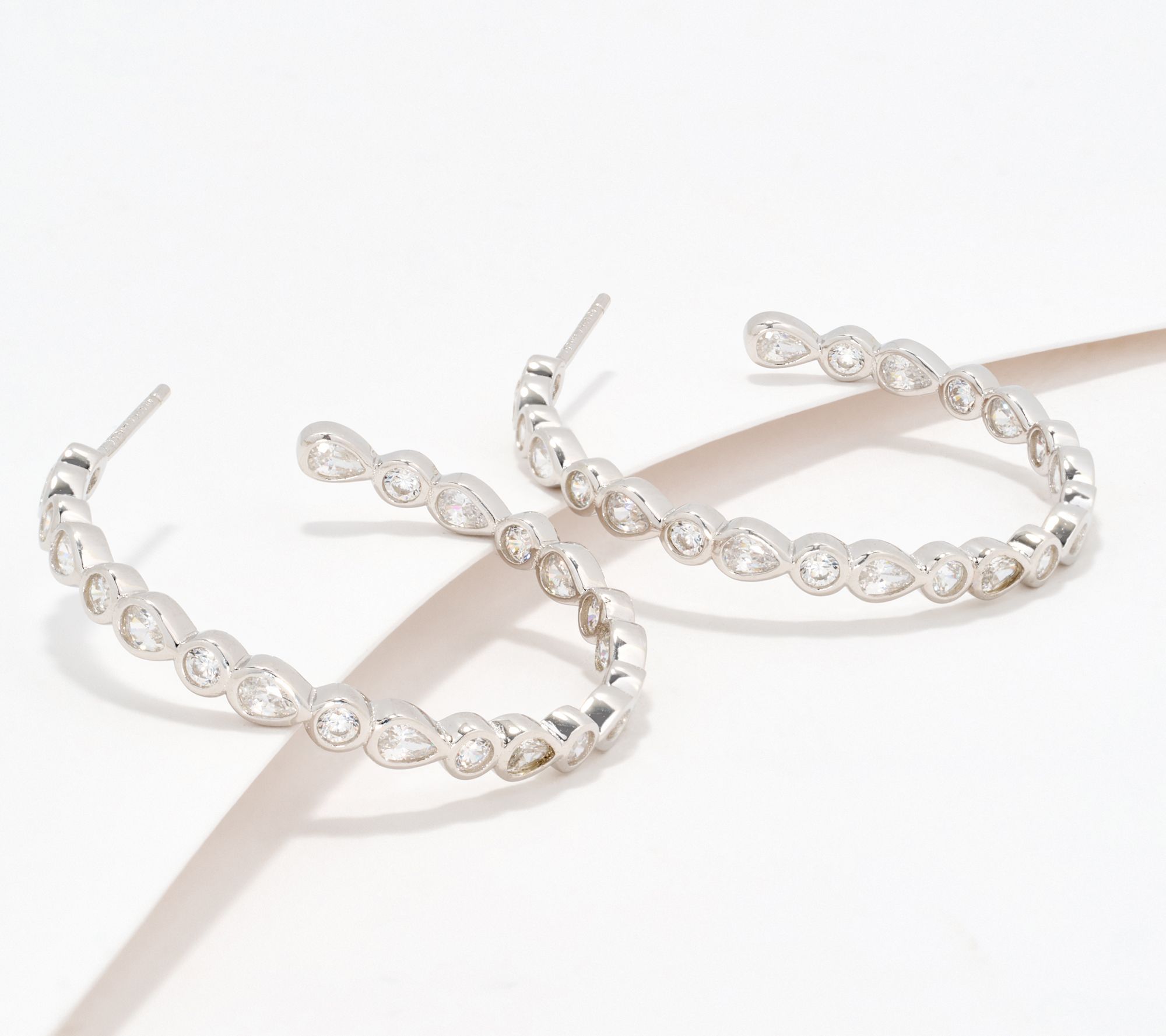 Diamonique Pear and Round 1 1/5" Hoops, Sterling Silver