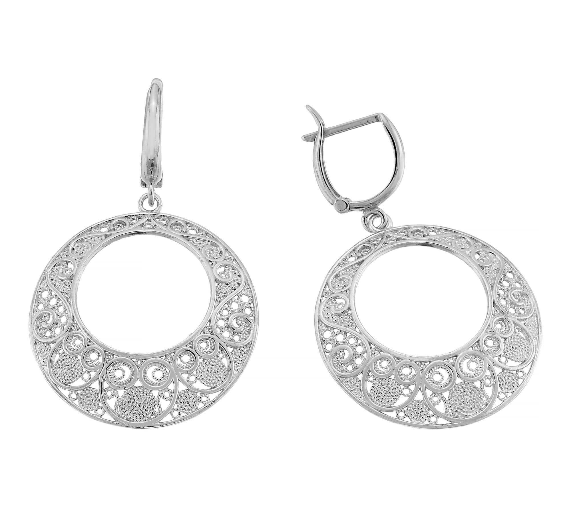 Silver Style Filigree Design Circle Drop Earrings, Sterling