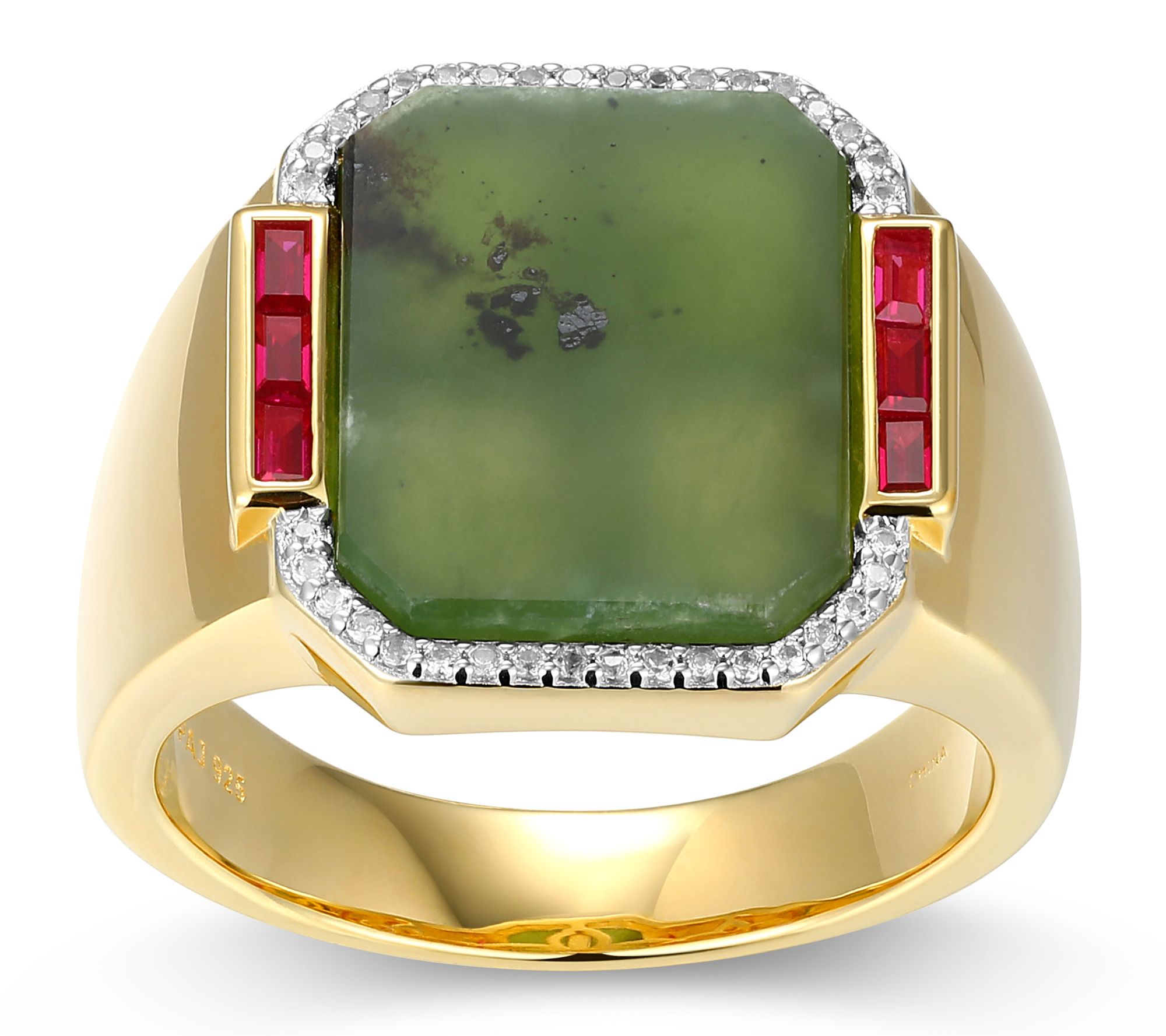 Men's Jade, Ruby & White Sapphire Ring, 18K Gold Plated
