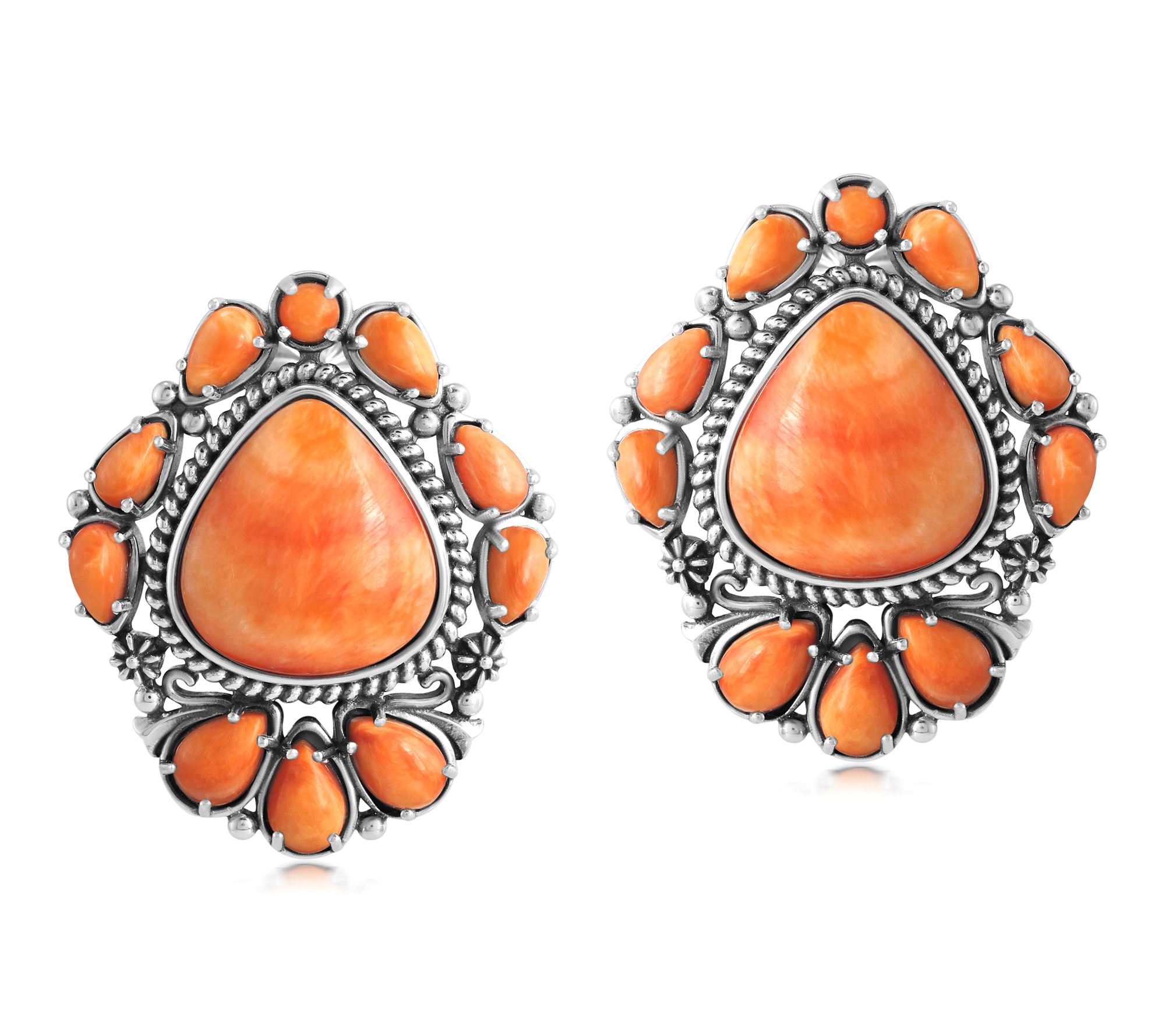 American West Sterling Orange Spiny Oyster Button Earrings