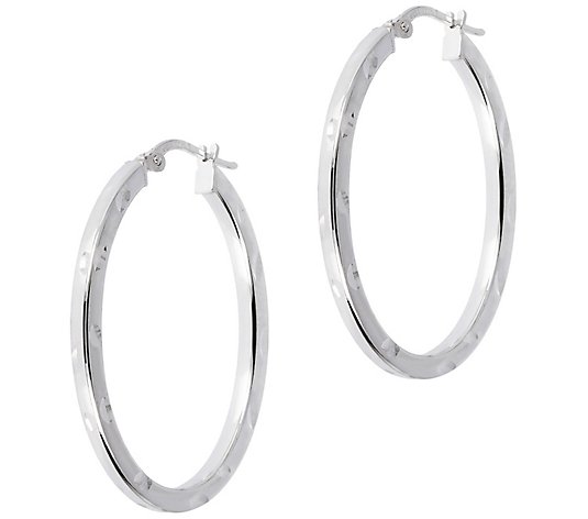 Italian Silver Polished Diamond Cut 1-3/8" OvalHoop Earrings