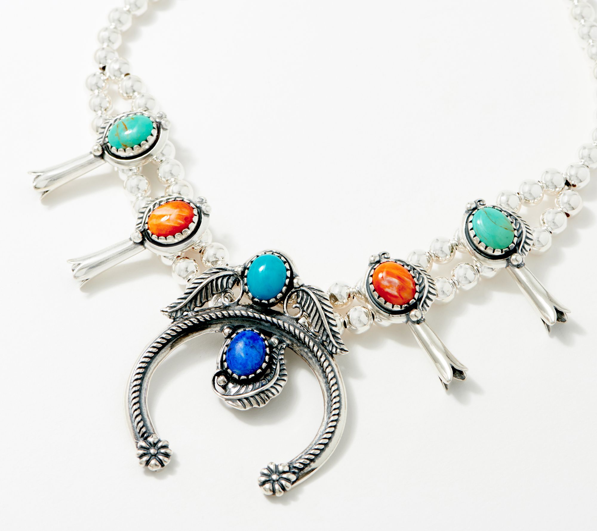 American West Sunrise Squash Blossom Sterling Silver Gem Necklace