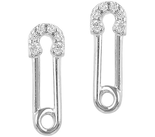 Diamonique Safety Pin Earrings, Sterling Silver