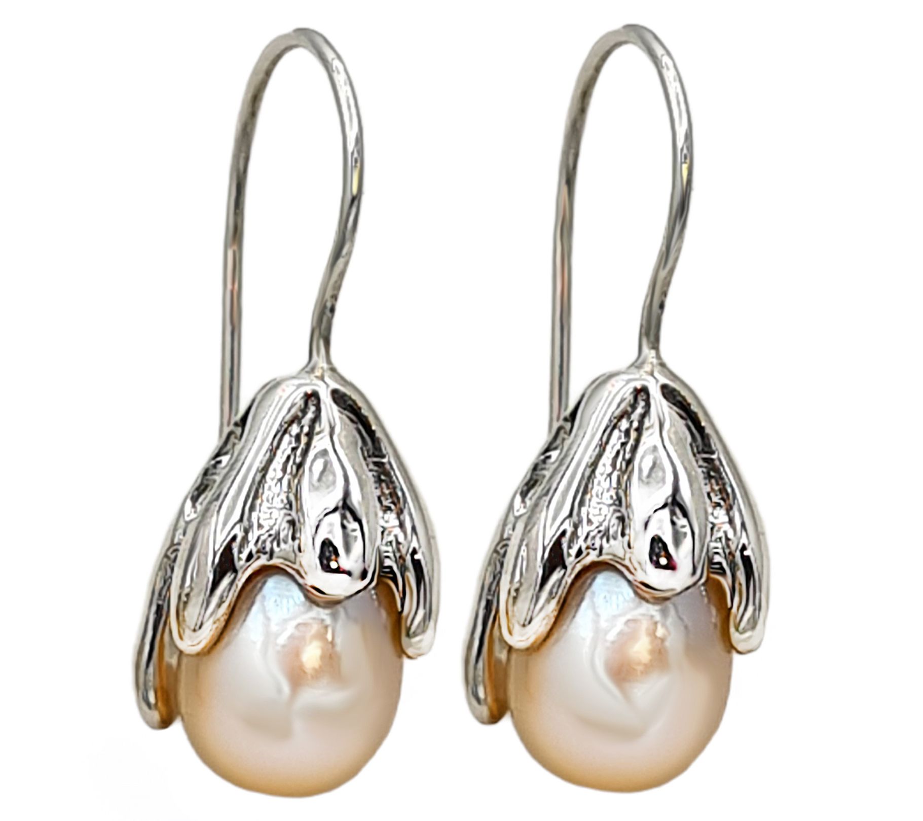 Hagit Sterling Silver Flower B ud Teardrop Pea rl Earrings Earrings