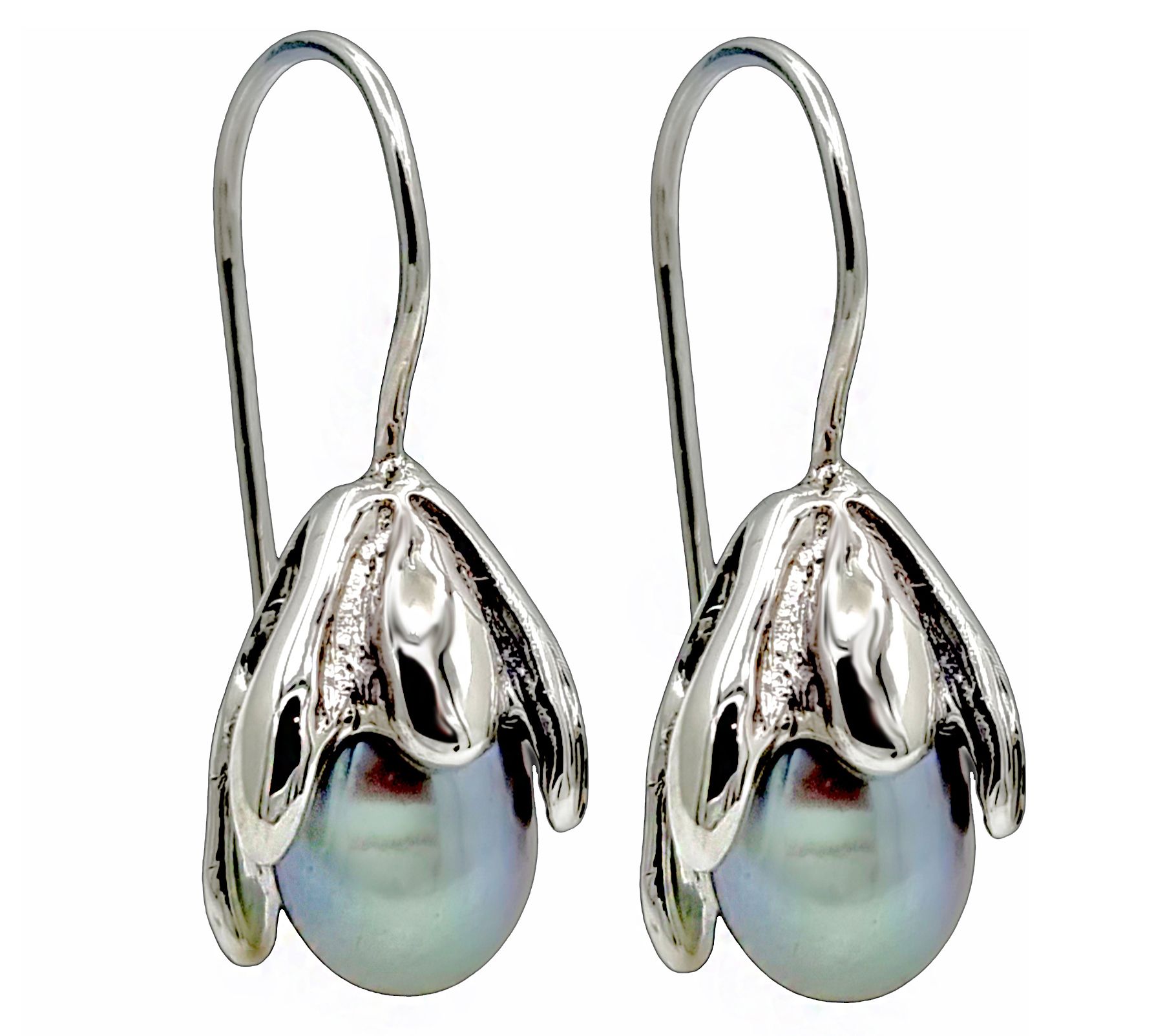 Hagit Sterling Silver Flower B ud Teardrop Pea rl Earrings Earrings