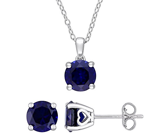 Sterling Silver Created Sapphire Earring & Necklace Set