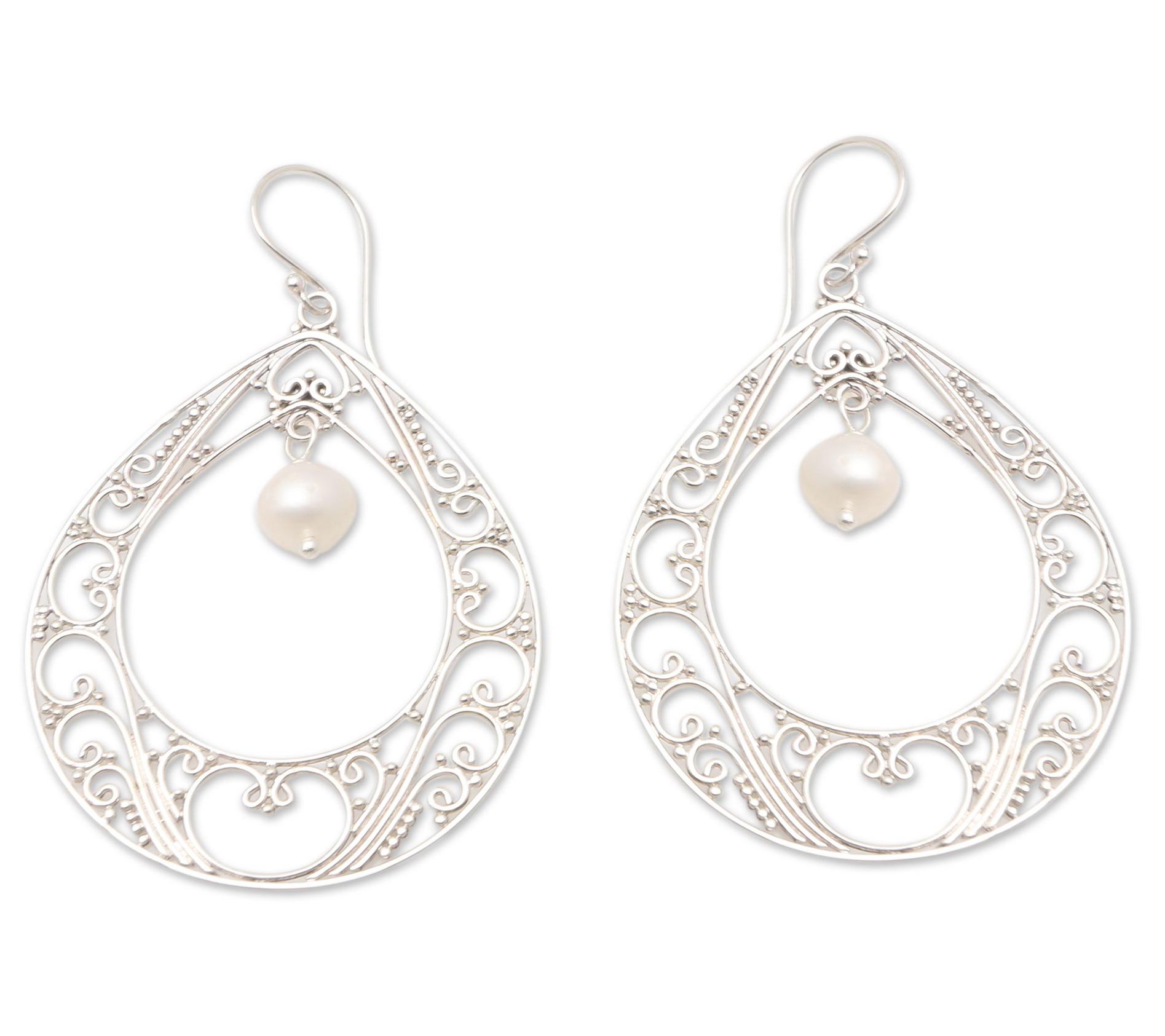 Novica Artisan Crafted Sterling Cultured Pearl Hoop Earrings