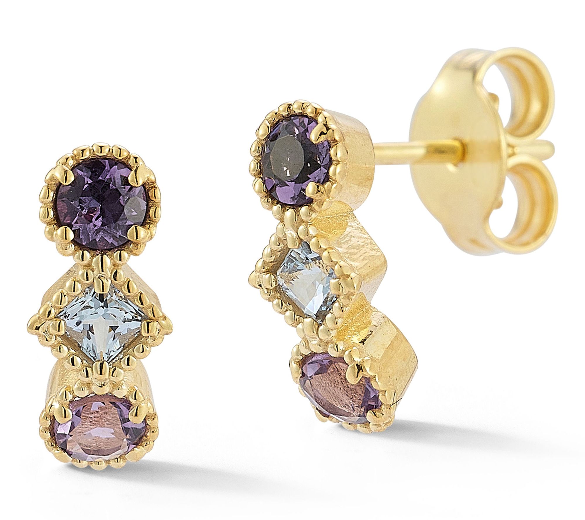 Italian Gold Blue Topaz and Amethyst Earrings,14K