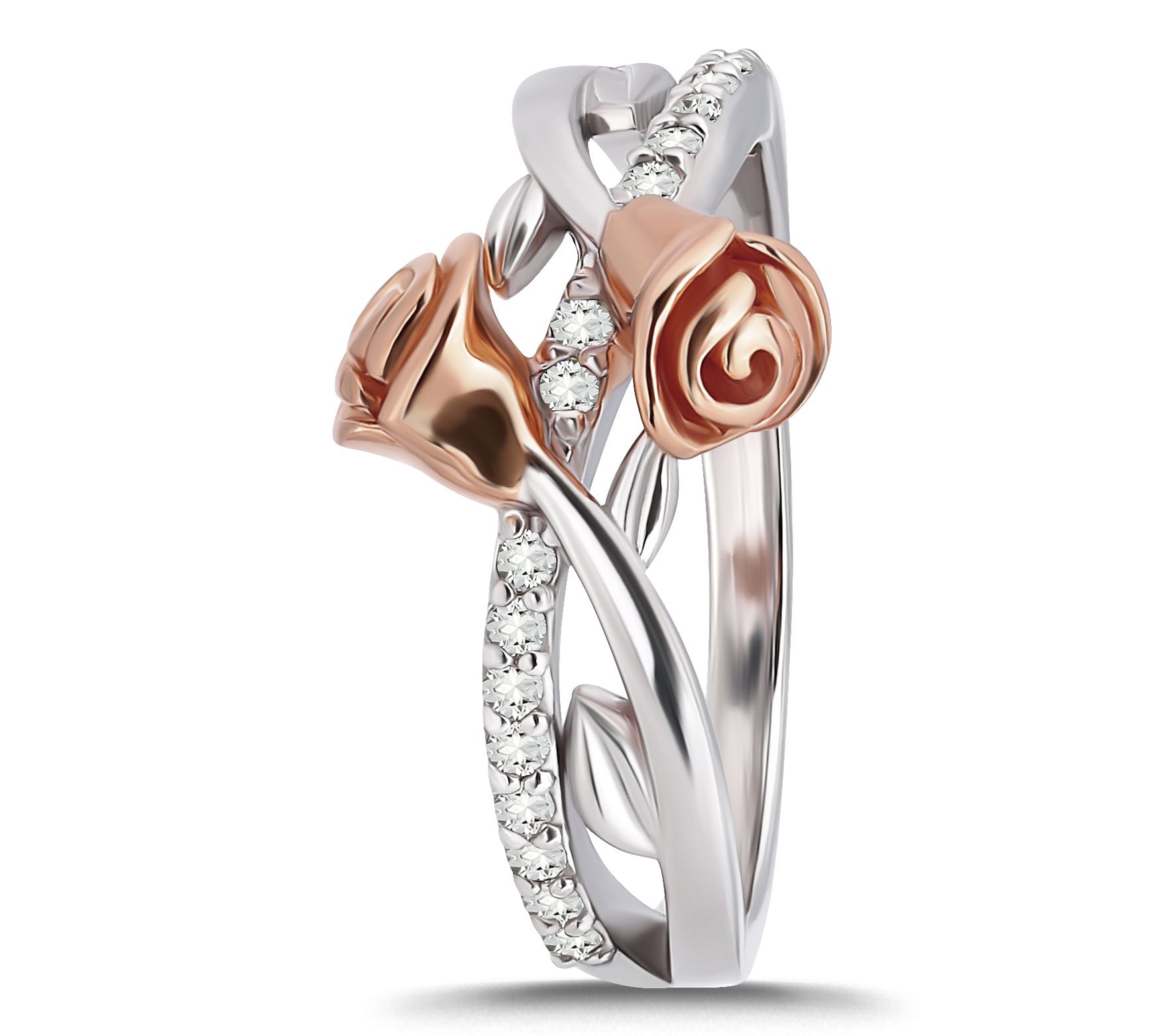 Diamonique Two-Tone Rose Design Bypass Ring, Sterling