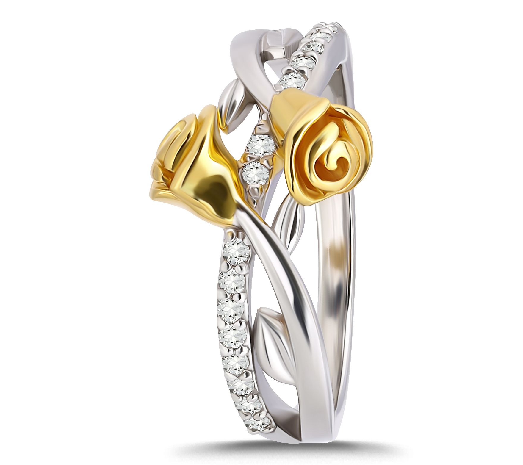 Diamonique Two-Tone Rose Design Bypass Ring, Sterling