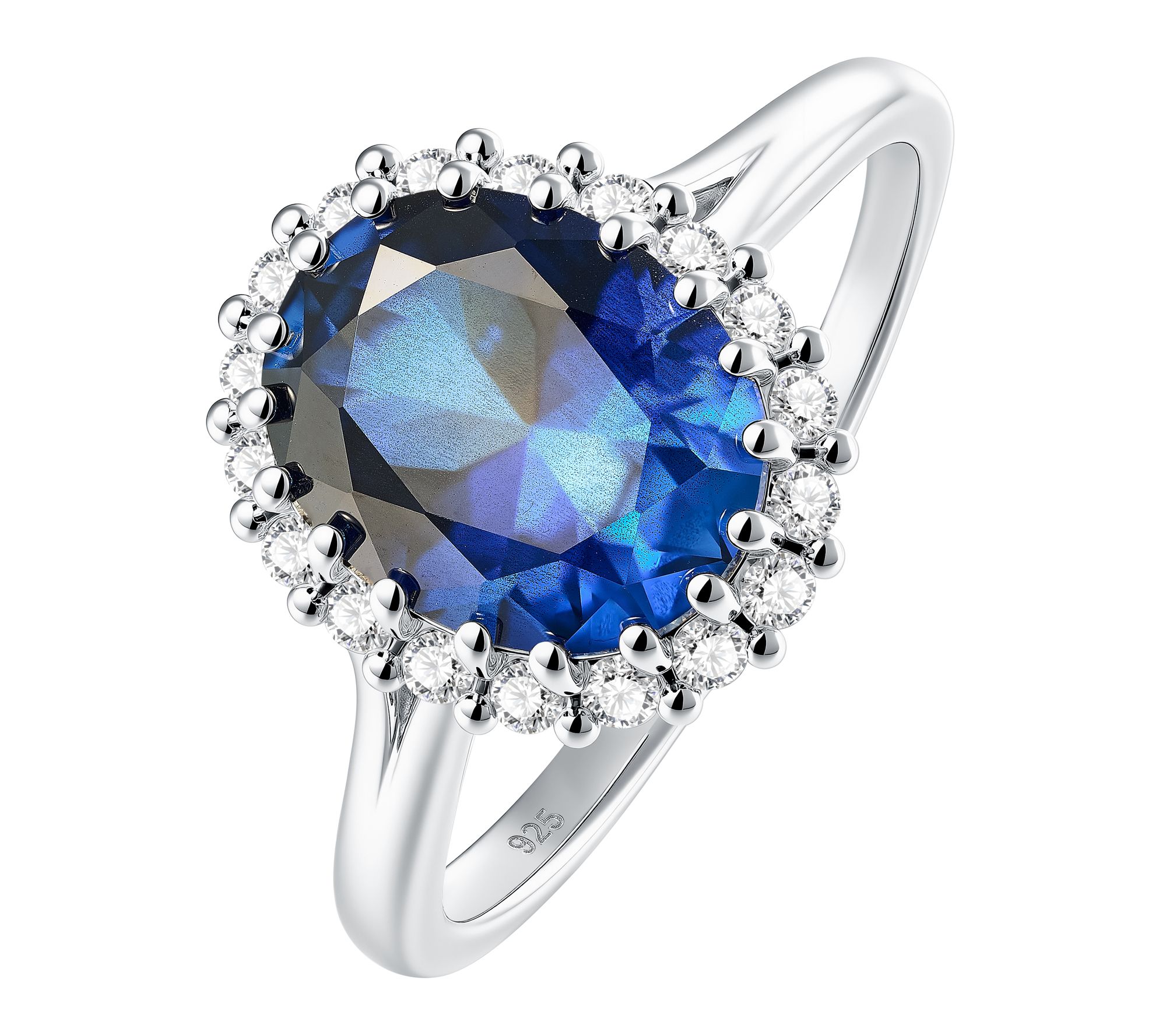 Fire Light Lab Grown Diamond Halo & Sapphire Ring, Sterling