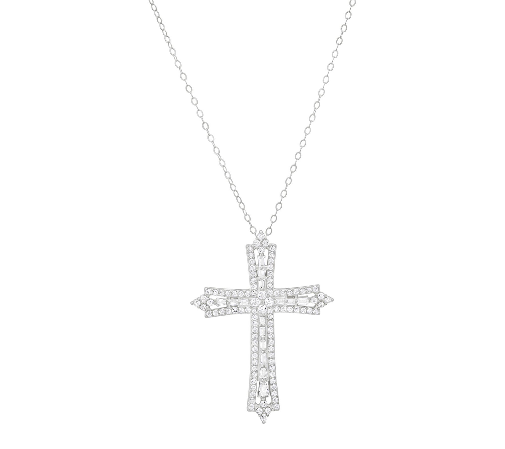  Diamonique Art Deco Cross Pendant w/ Chain, Sterling Silver