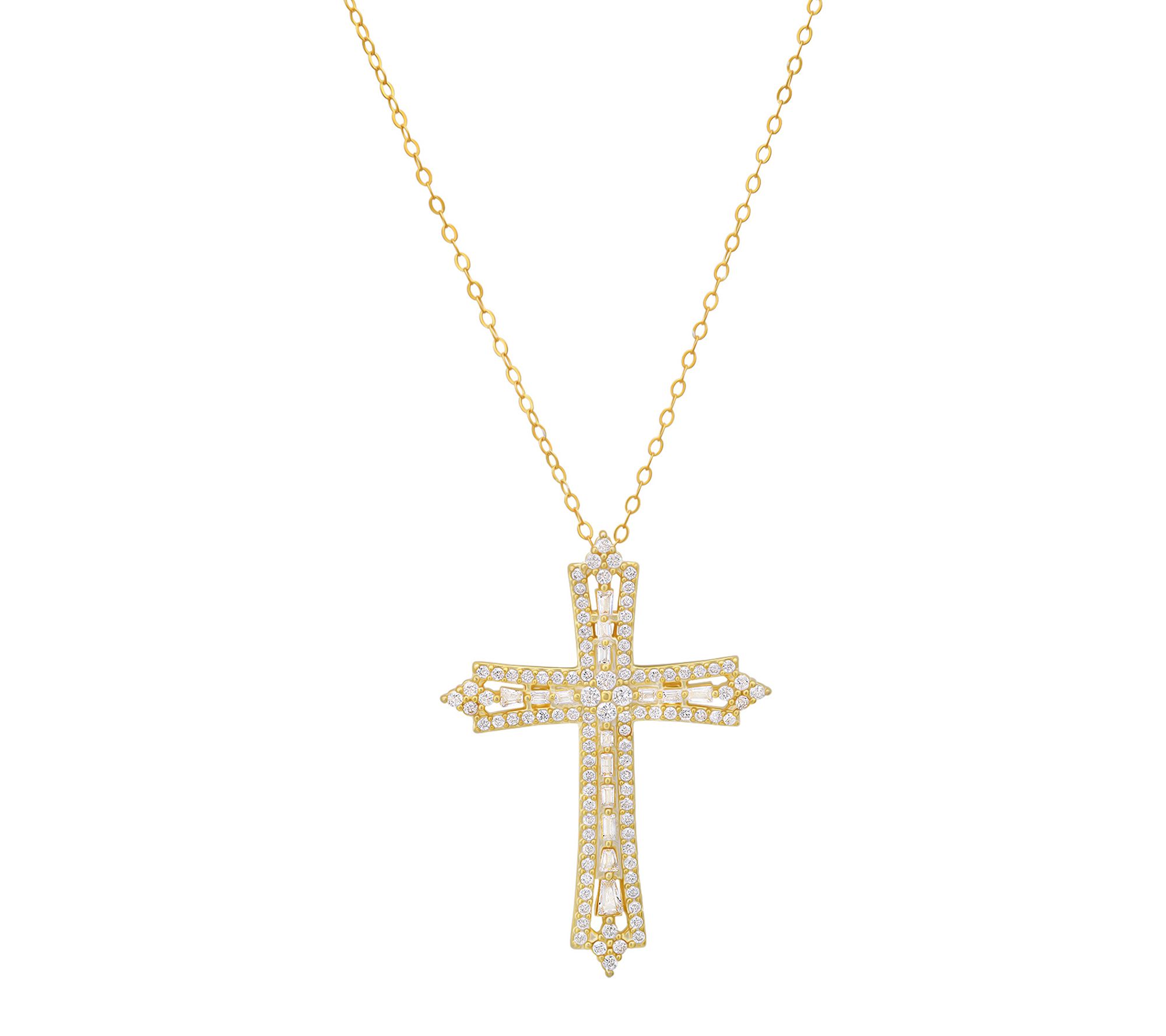 Diamonique Art Deco Cross Pendant w/ Chain, Sterling Silver