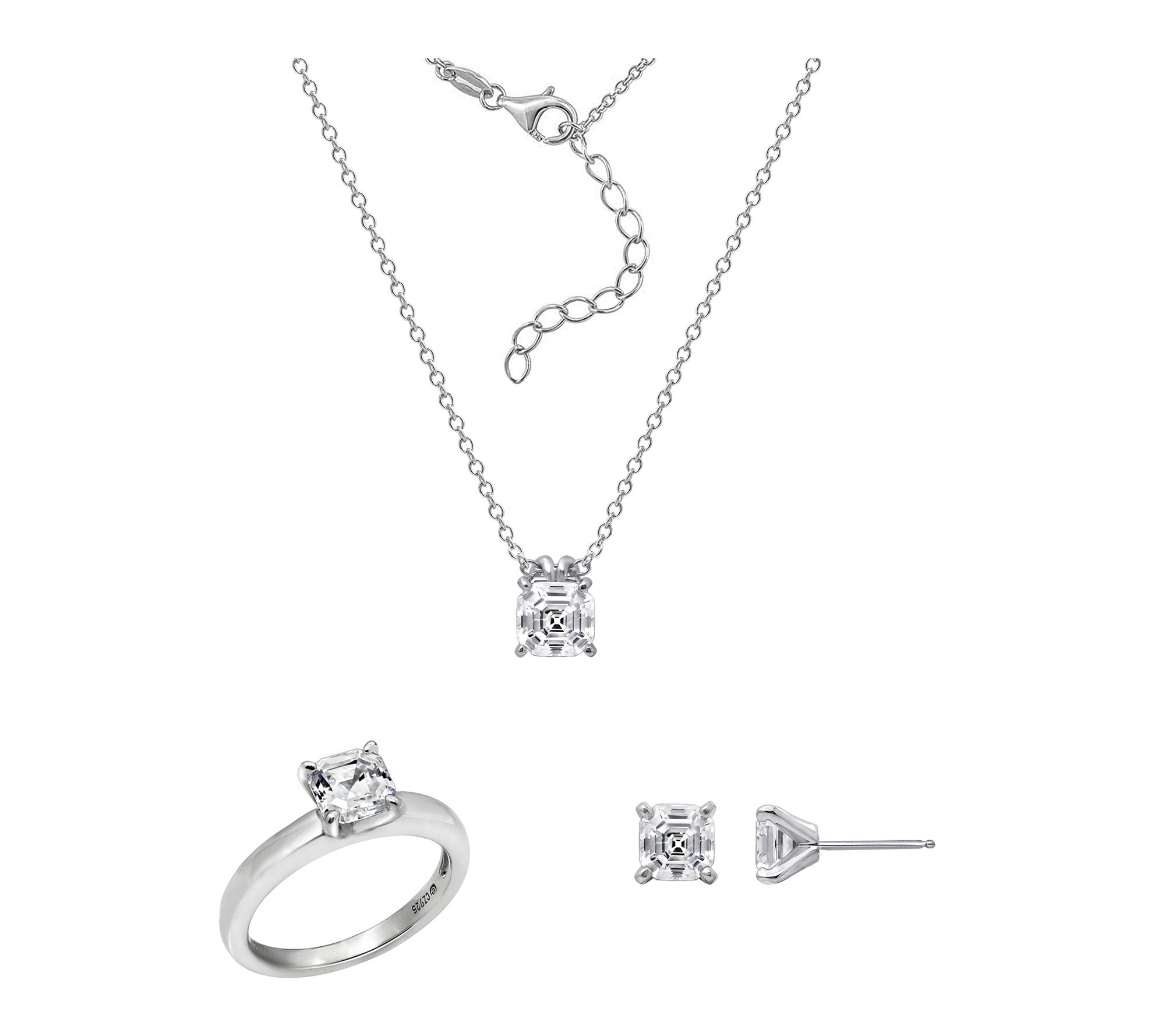 Diamonique Asscher Cut Necklace, Earrings & Ring Set, Sterling