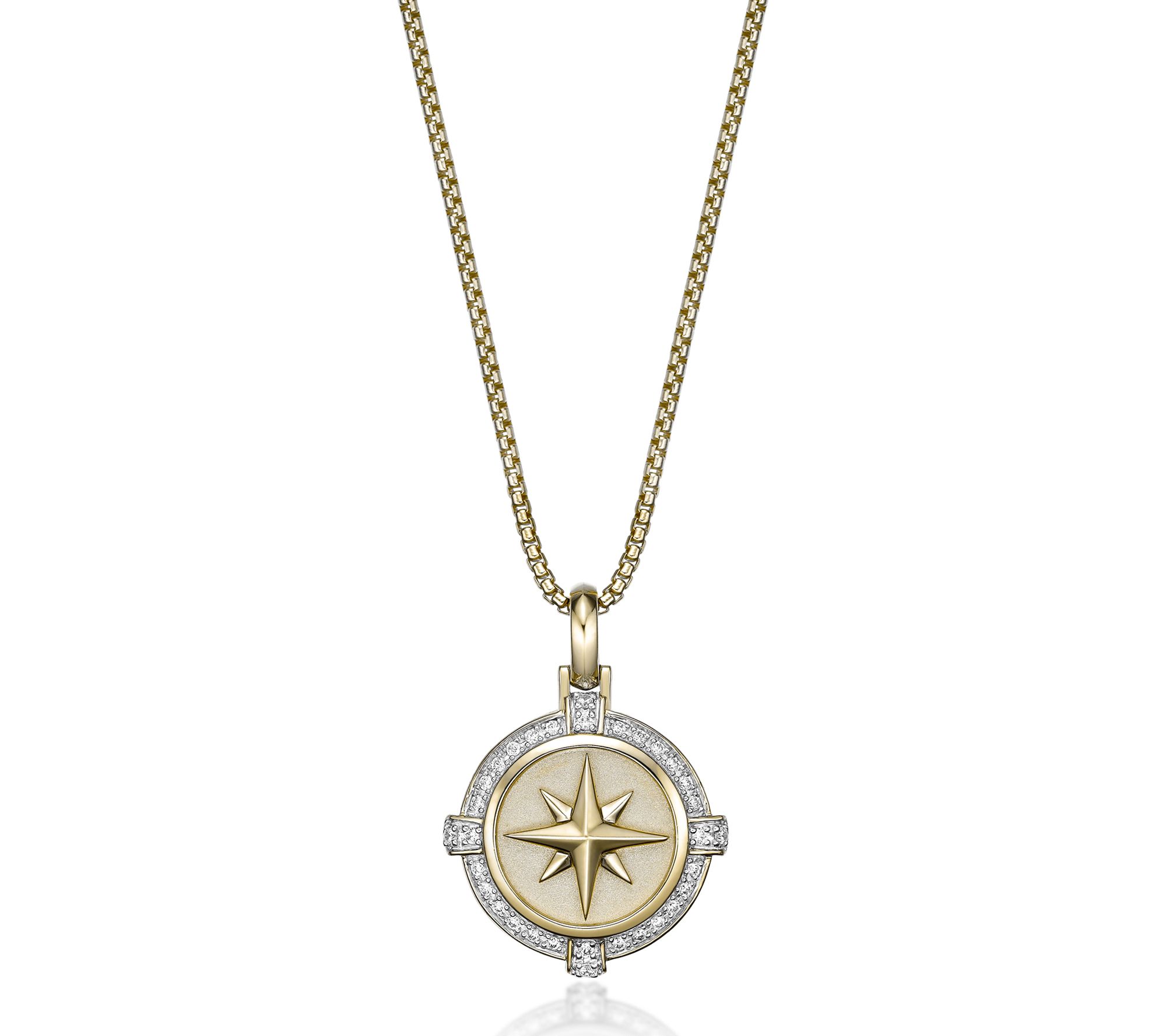 LYNX Men's Diamond Compass Pendant w/ Chain, 14K Gold Plated