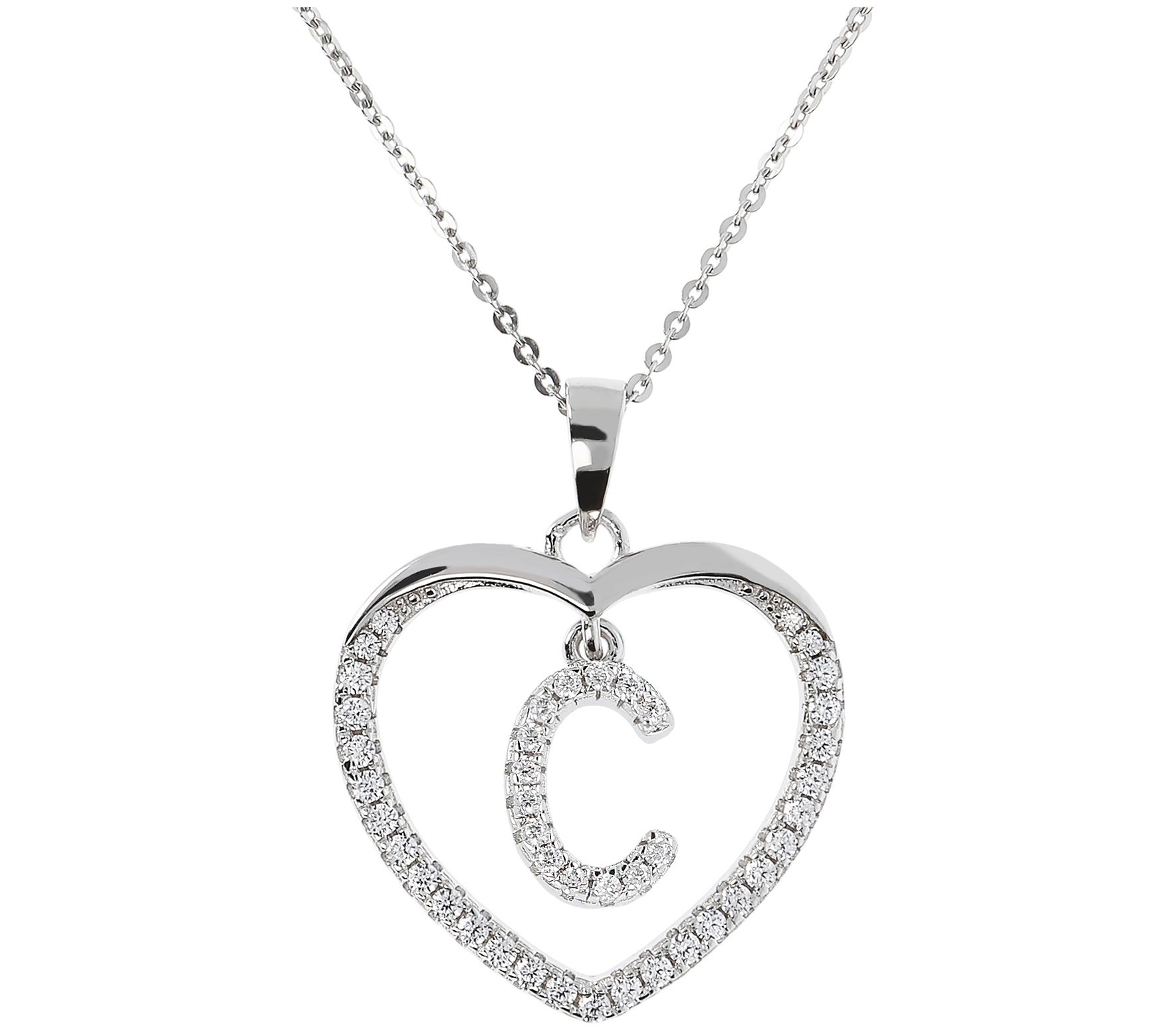 Diamonique Sterling Silver Initial Heart Pendant w/ Chain