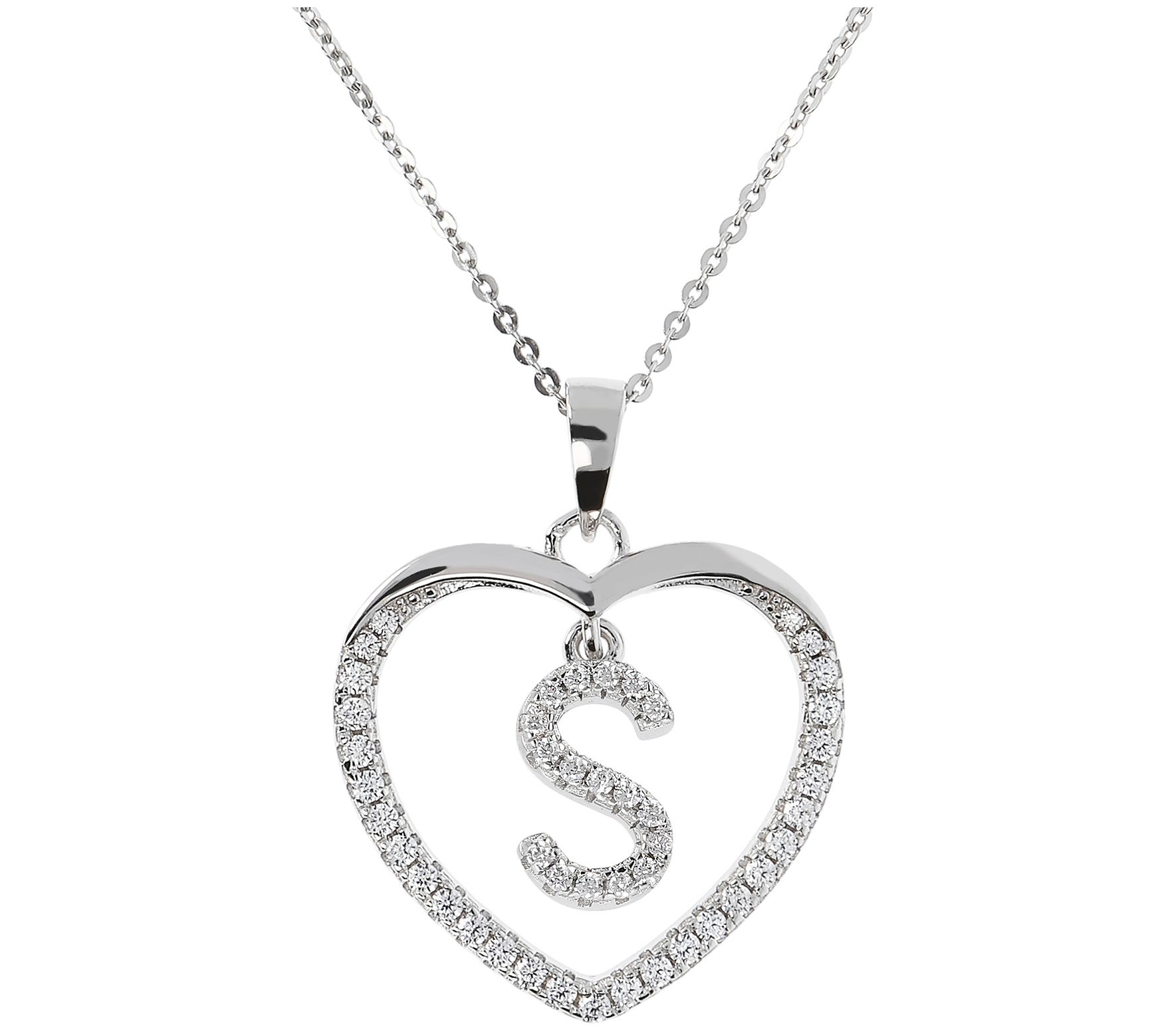 Diamonique Sterling Silver Initial Heart Pendant w/ Chain