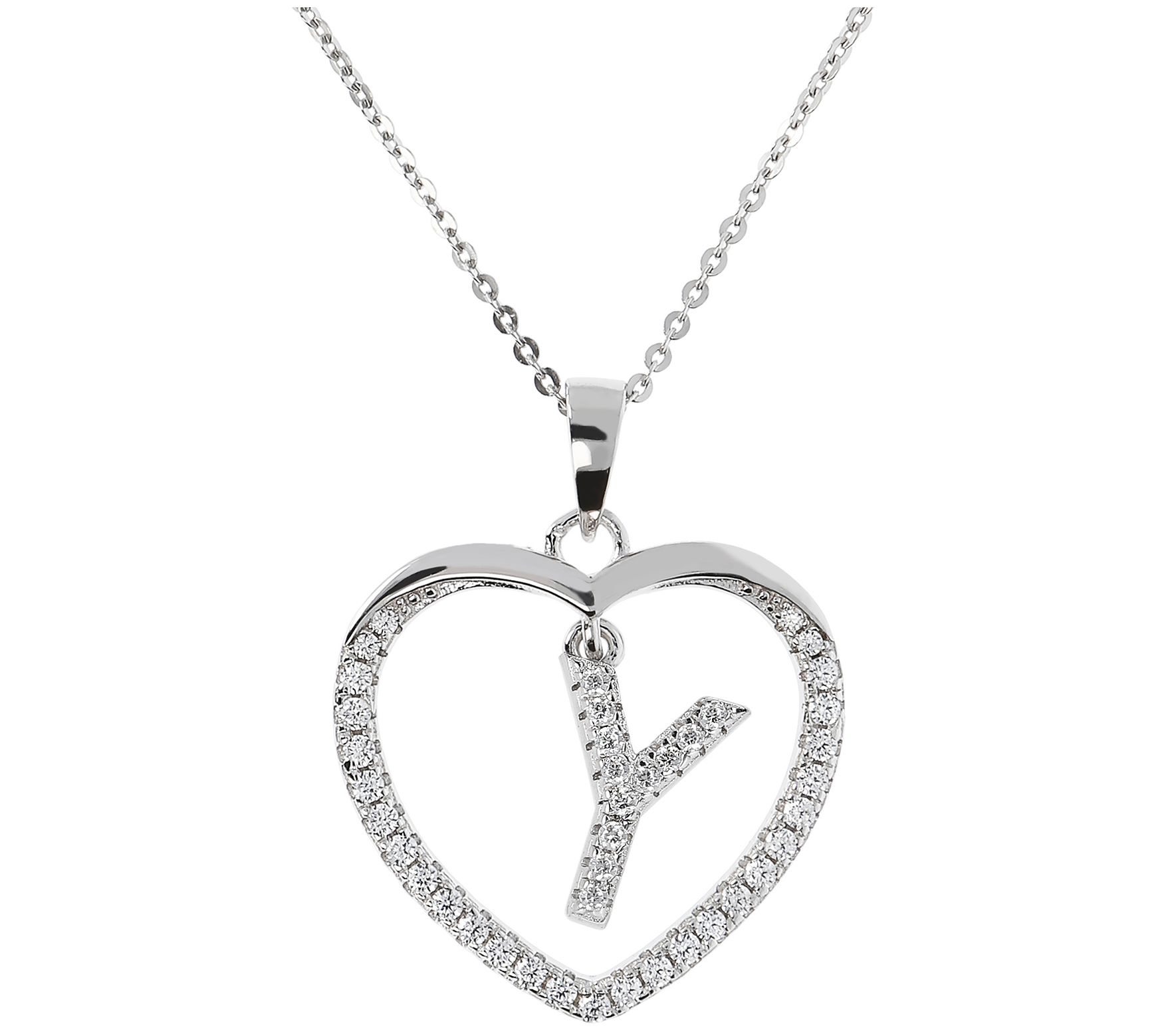 Diamonique Sterling Silver Initial Heart Pendant w/ Chain