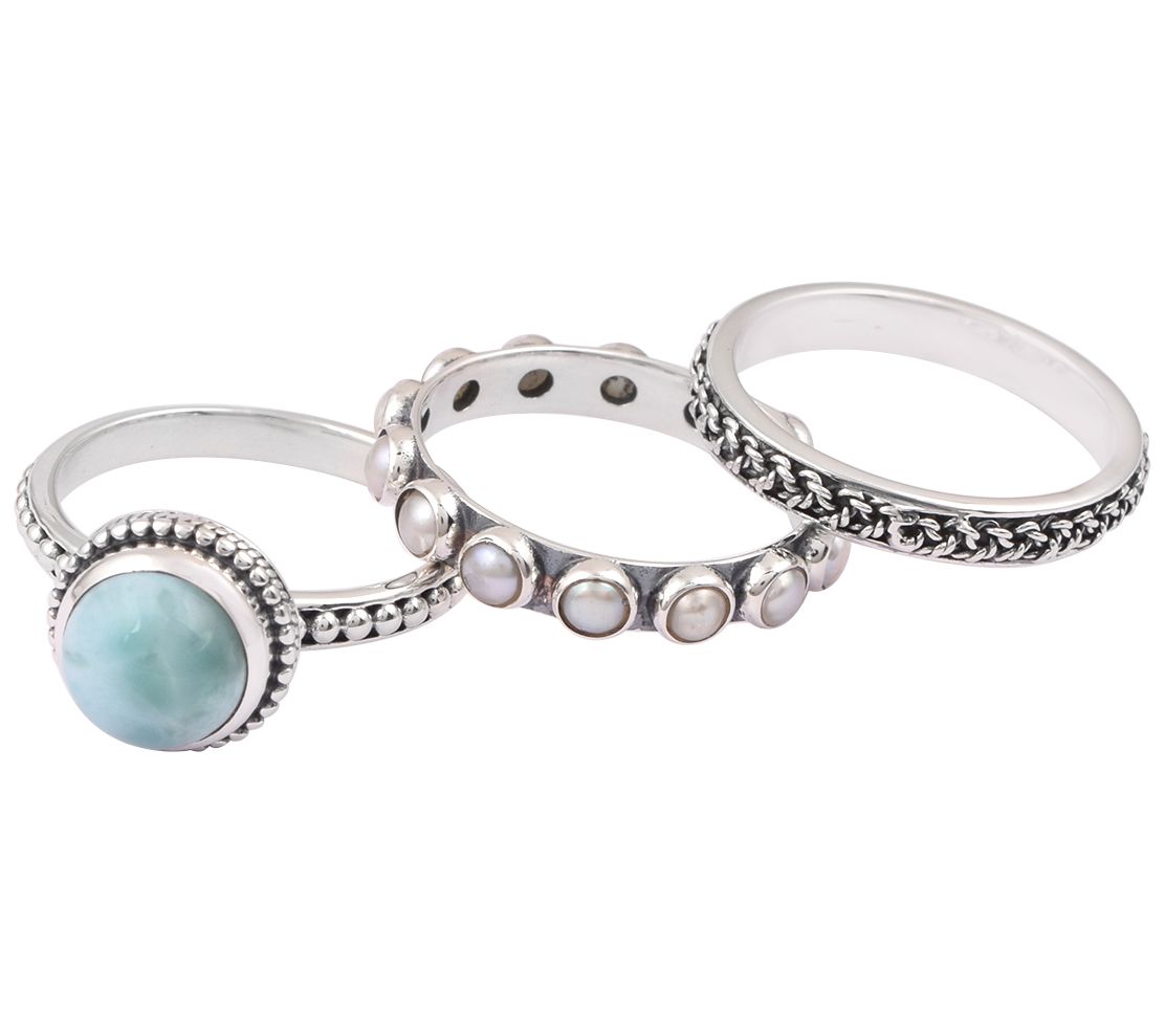 Artisan Crafted Sterling Larimar & Pearl Stacking Ring Set