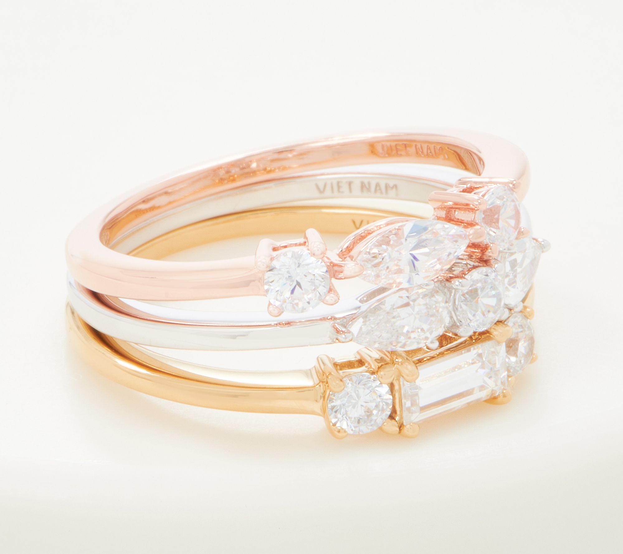 Diamonique Set of 3 TriColor Stackable Rings Sterling