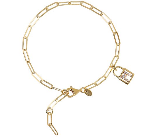 Diamonique Initial Lock Paperclip Bracelet, 14 K Gold Clad