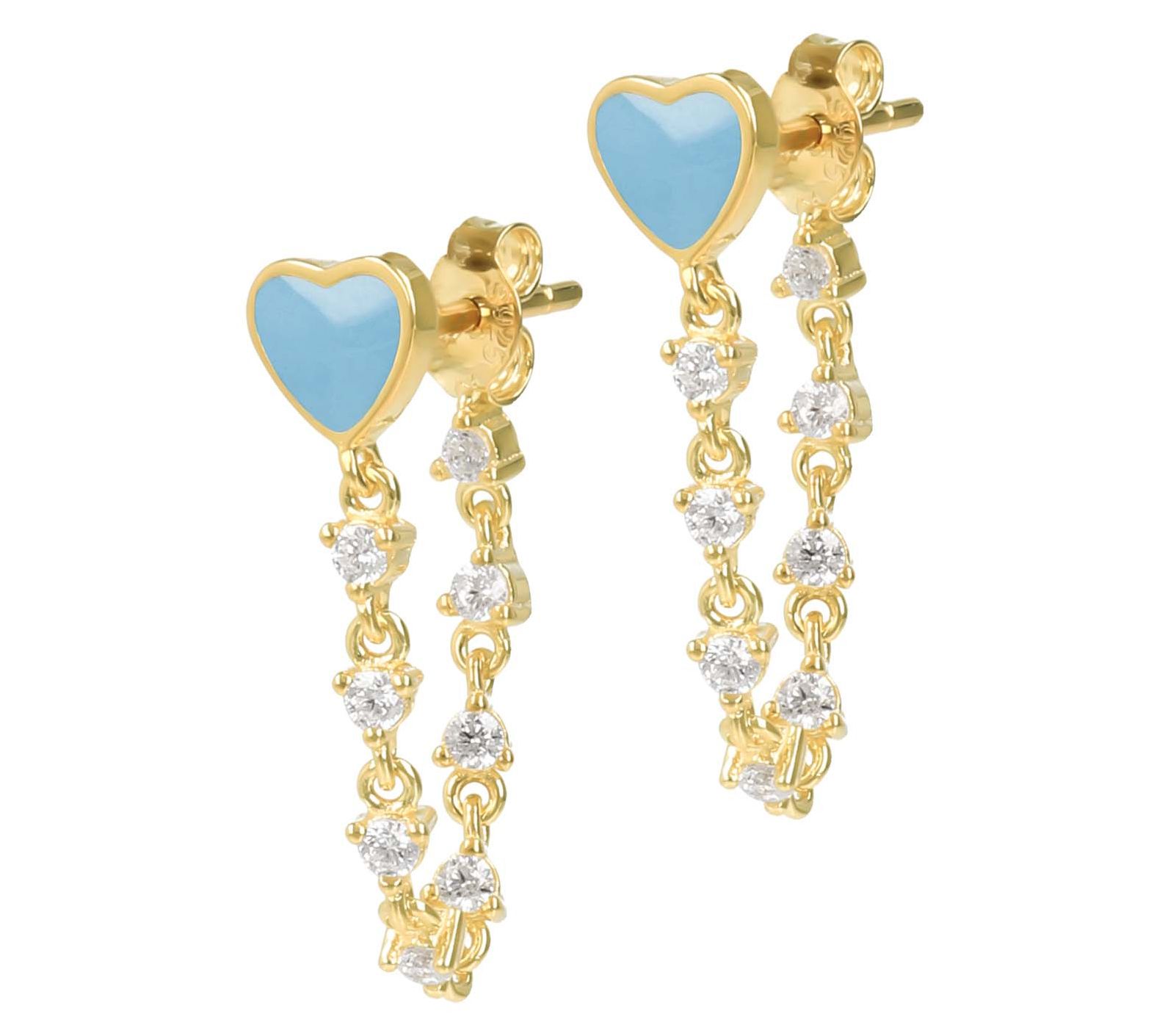 Diamonique Enamel Heart Chain Earrings, 14K Gold Plated
