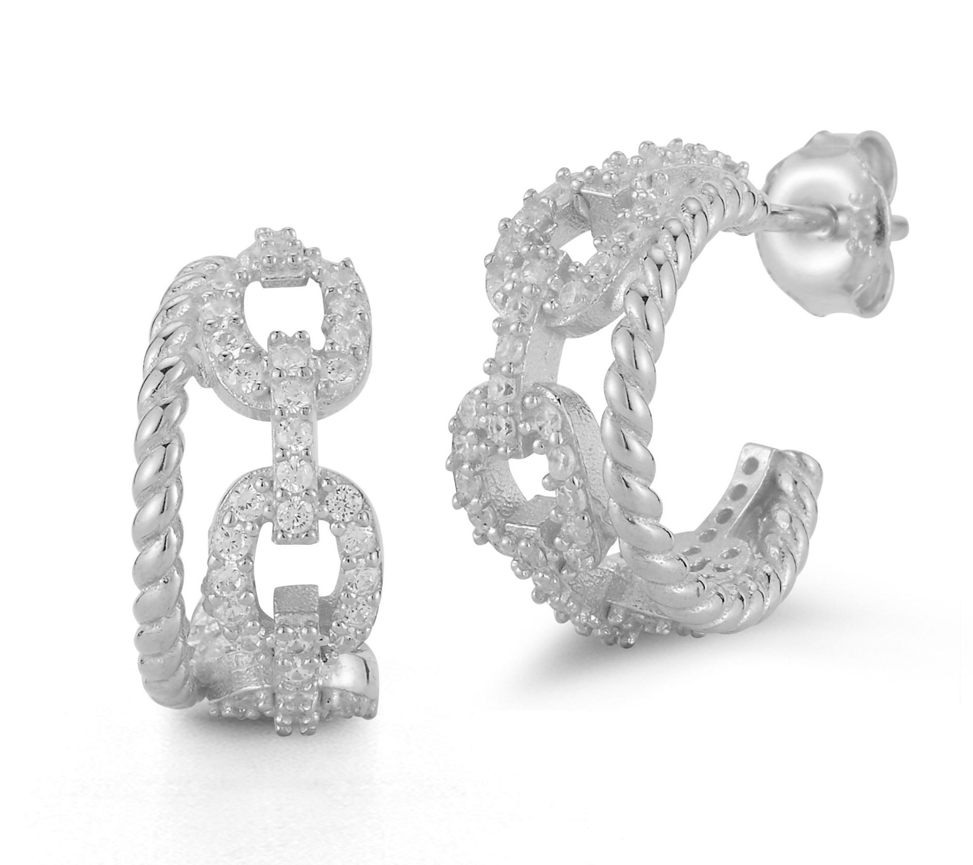 Sterlina Silver Pave Chain Twist Hoop Earrings,Sterling