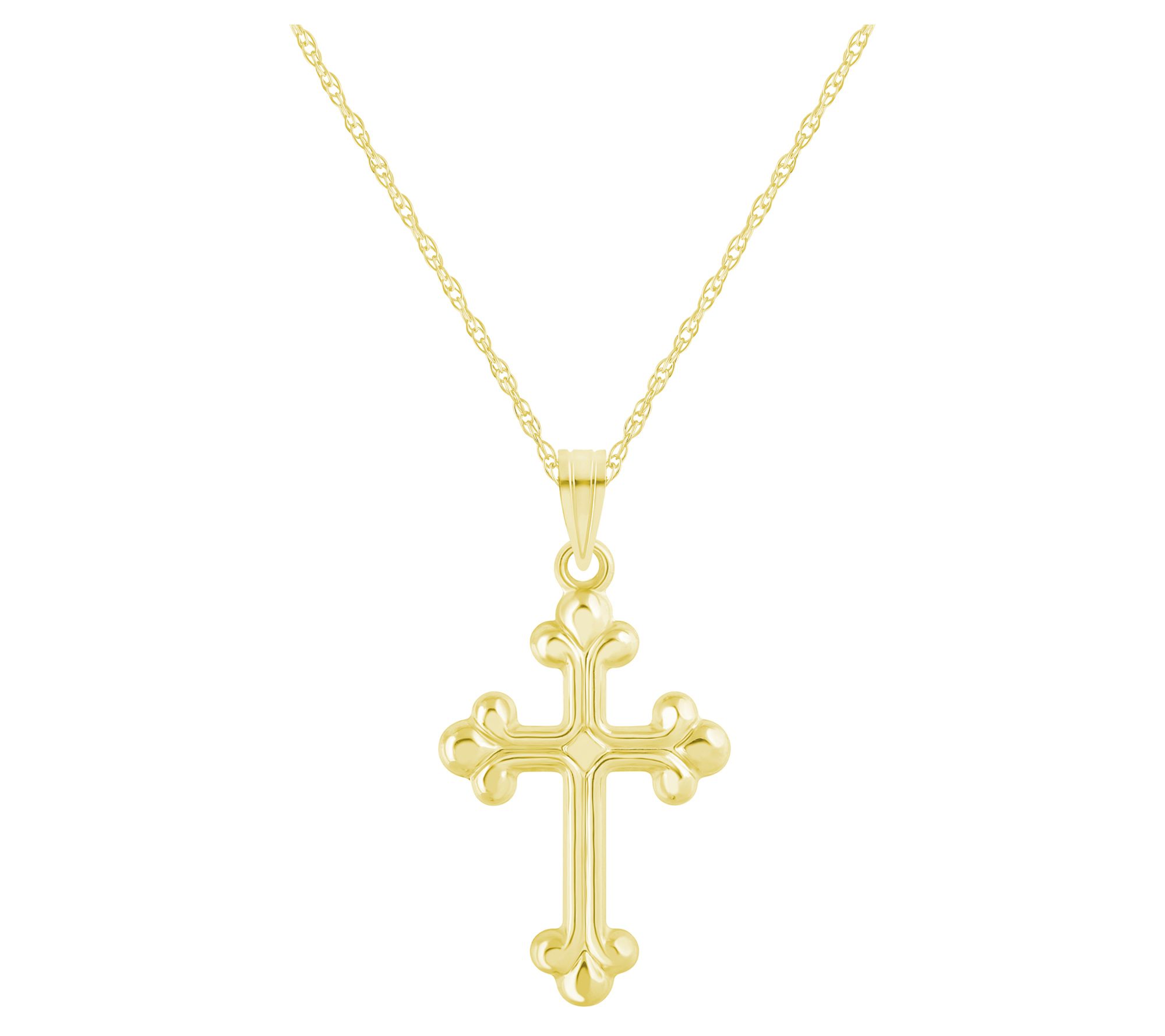 14K Gold Fleur De Lis Cross Pendant w/ Chain