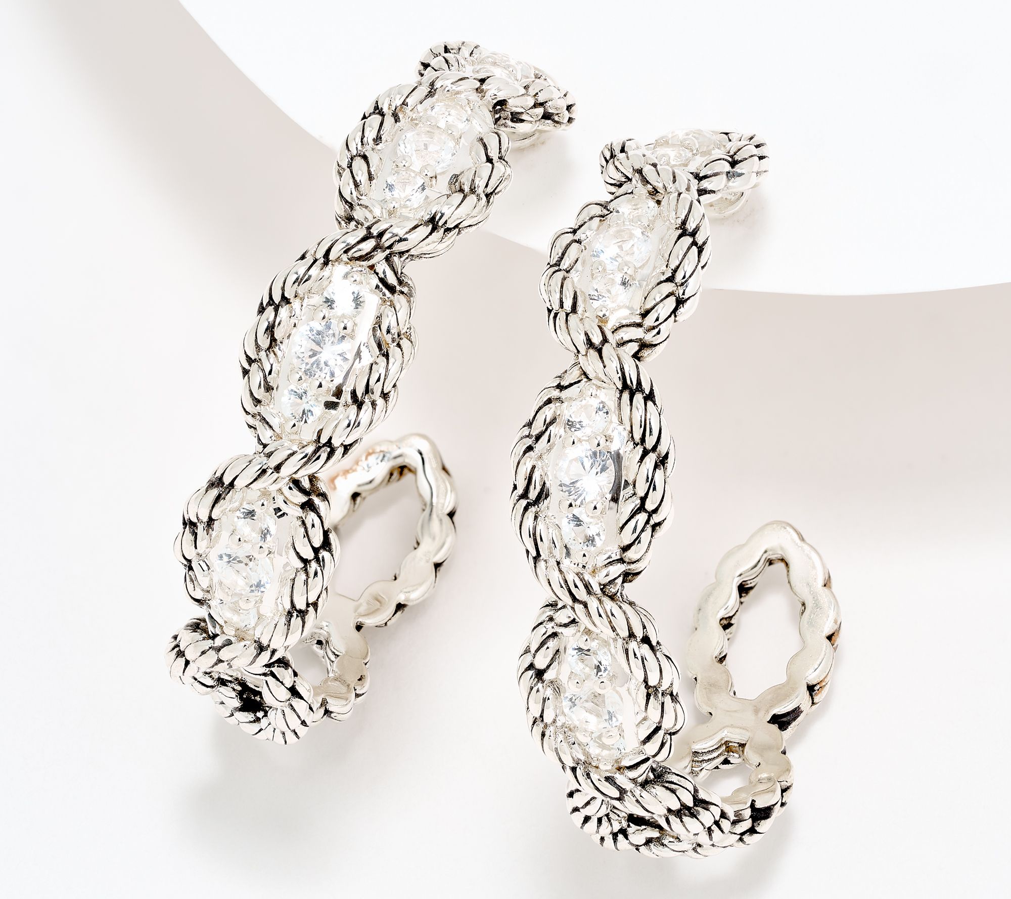 JAI Ireland Sterling Silver Cara Rope Pave Gemstone 1 1/4" Hoop Earrings