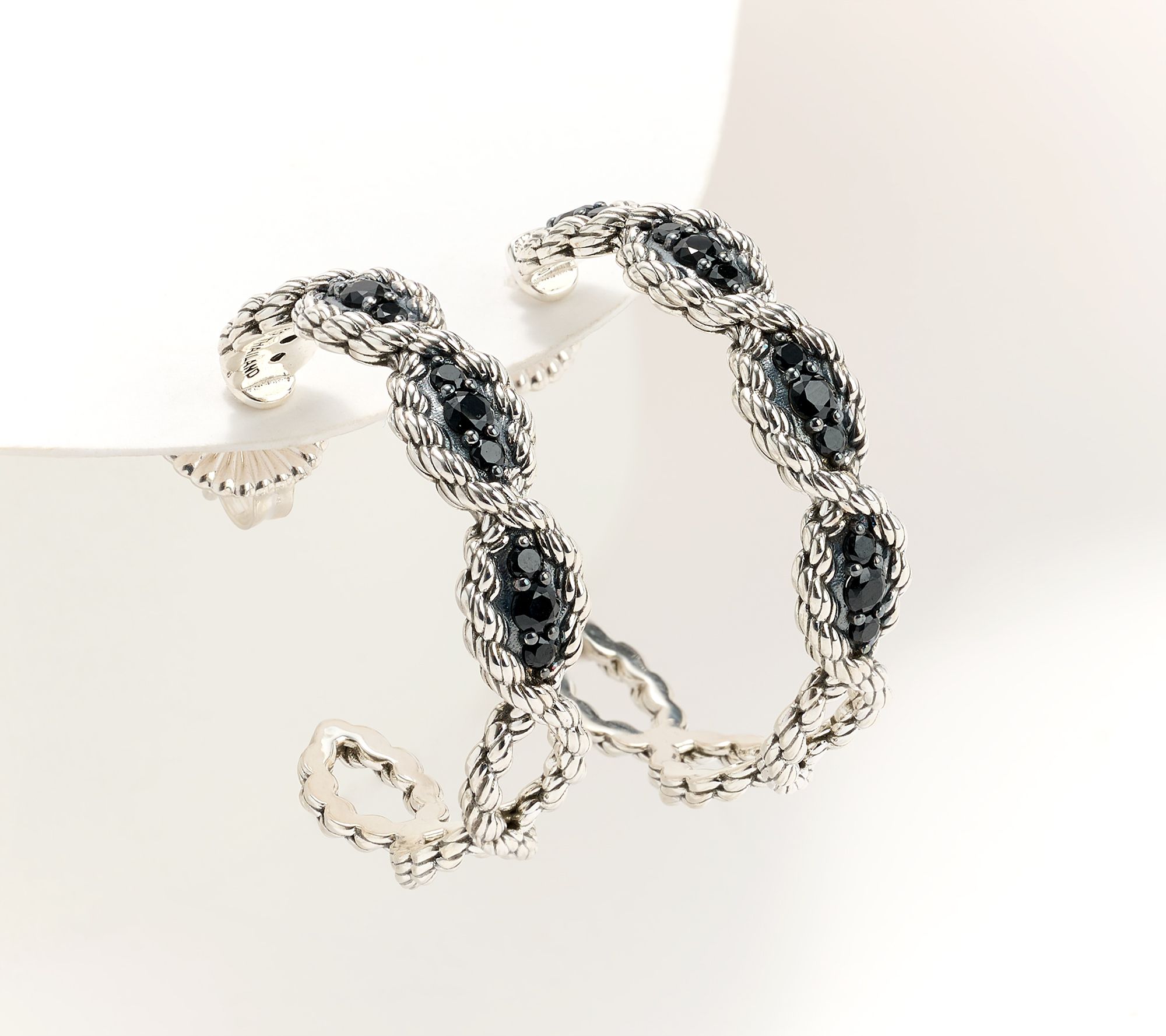 JAI Ireland Sterling Silver Cara Rope Pave Gemstone 1 1/4" Hoop Earrings