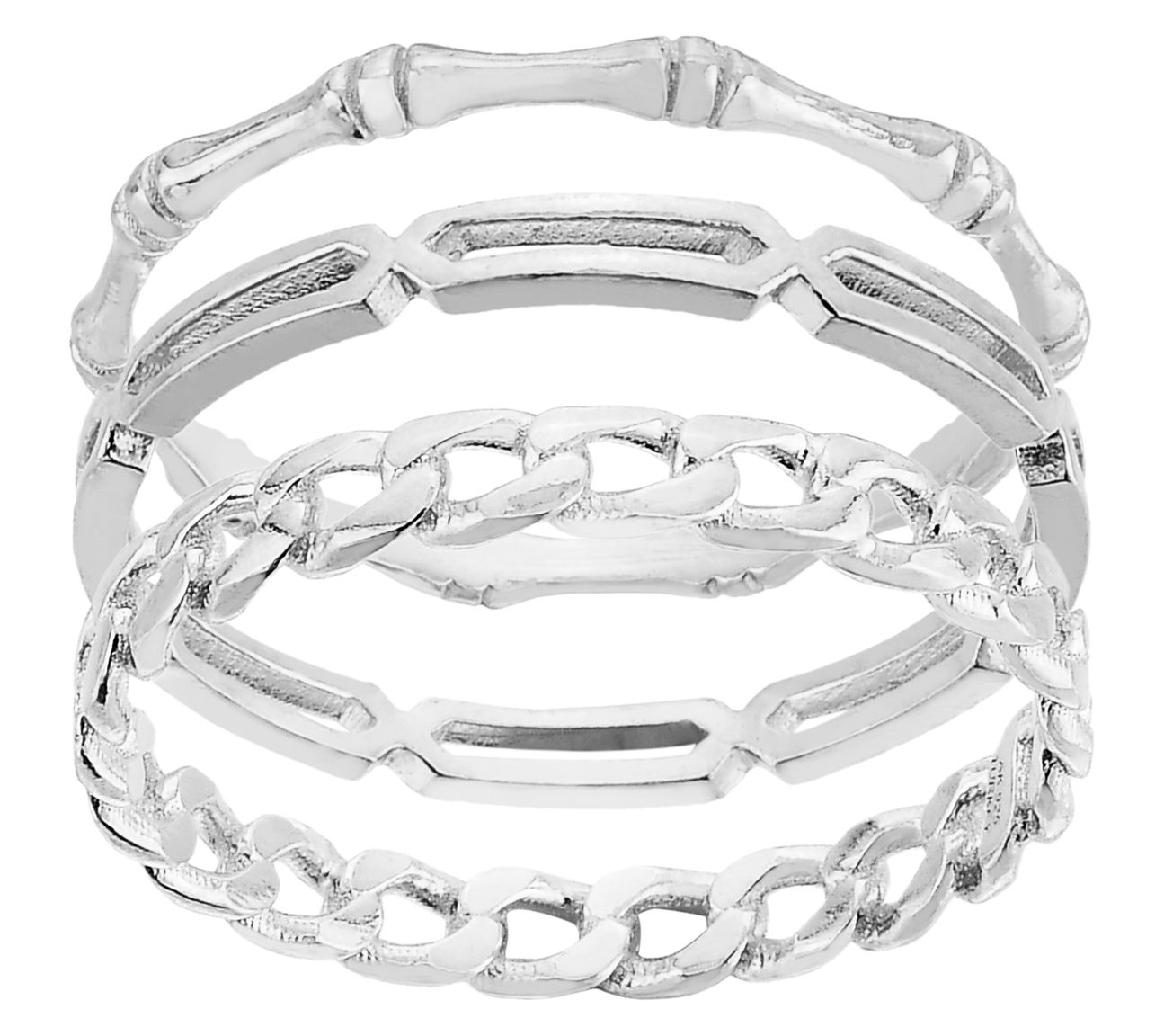 Silver Style Polished Set of 3 Stackable Band Rings, Sterling