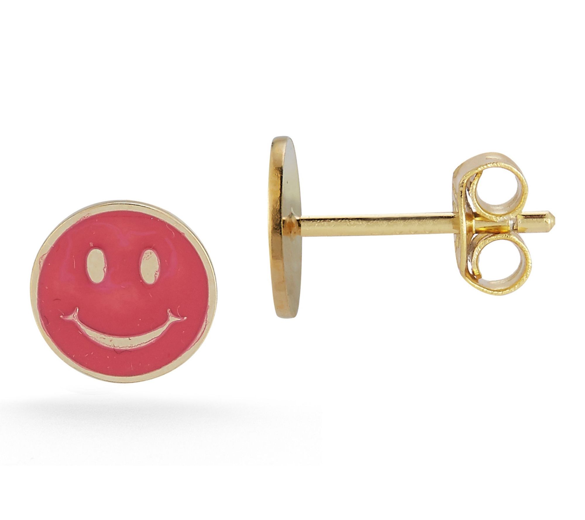Italian Gold Pink Enamel Smiley Face Stud Earrings, 14K