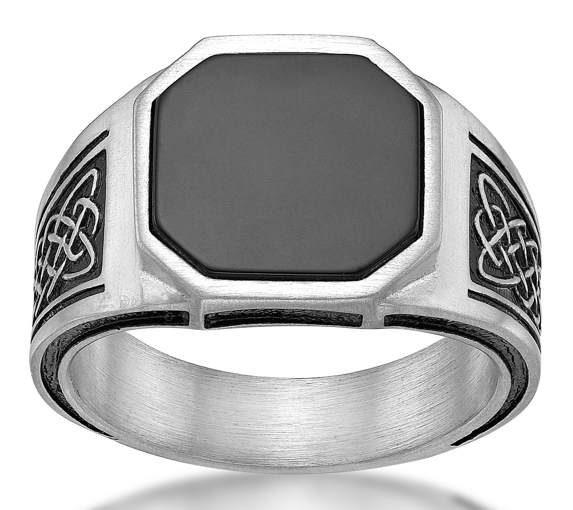 LYNX Men's Stainless Steel Black Agate Signet Ring