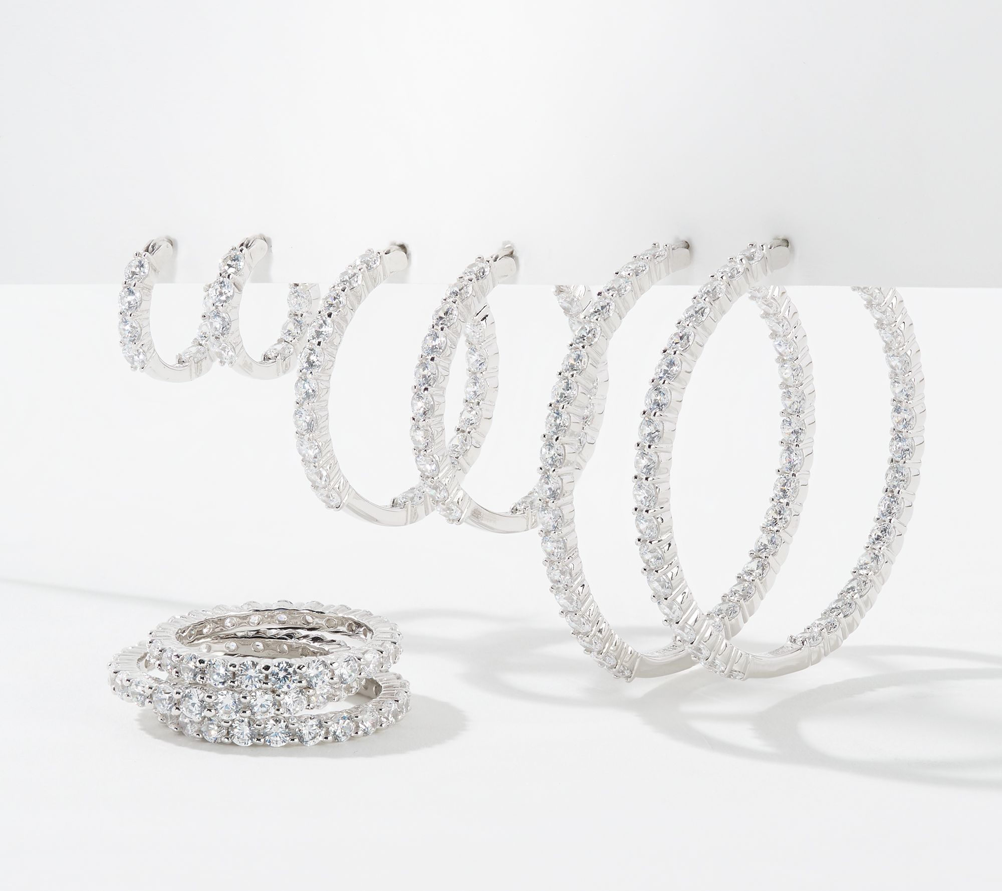 Diamonique Inside-Outside Hoop Earrings or Stack Ring Set, Sterling ...