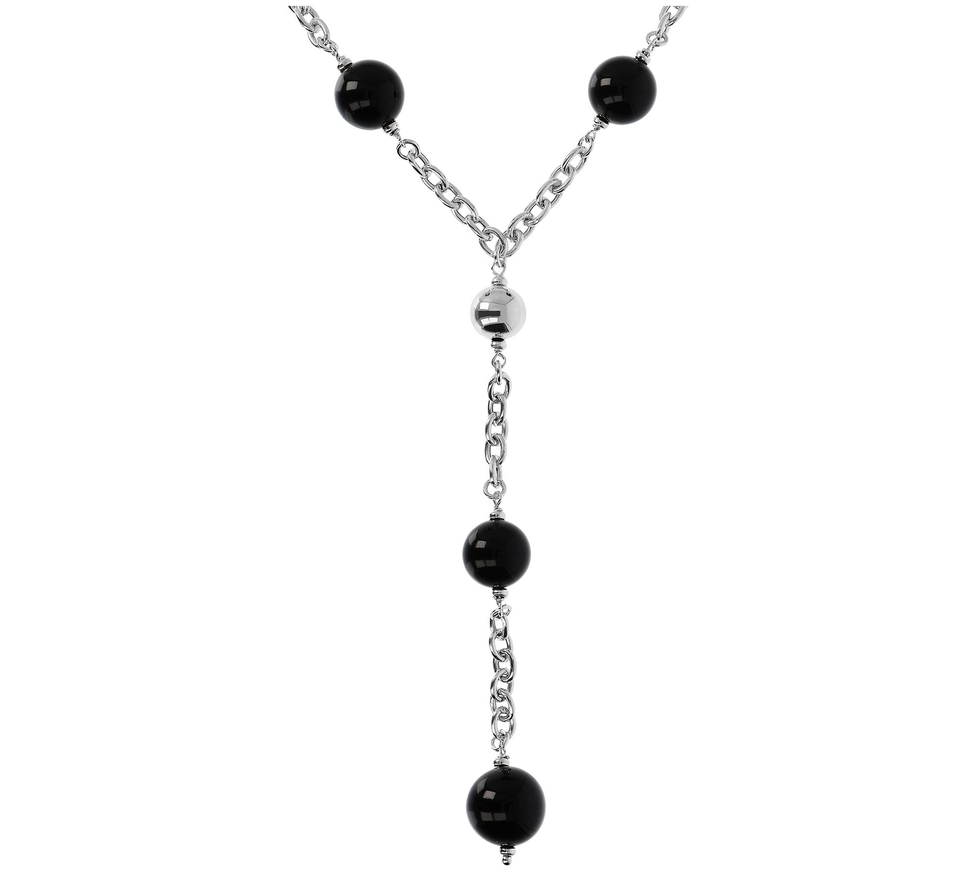 Italian Silver 24" Black Onyx Bead Lariat Neckl ace