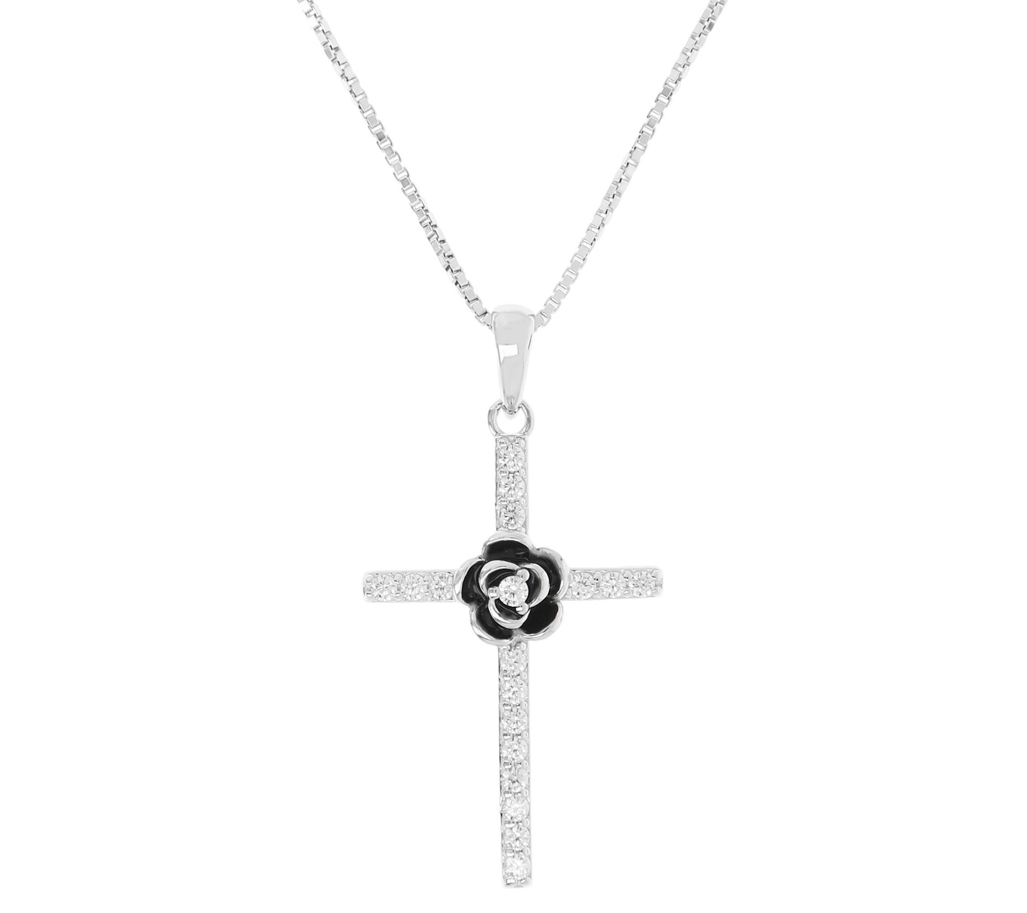 Diamonique Enamel Cross Pendant with Chain, Sterling Silver