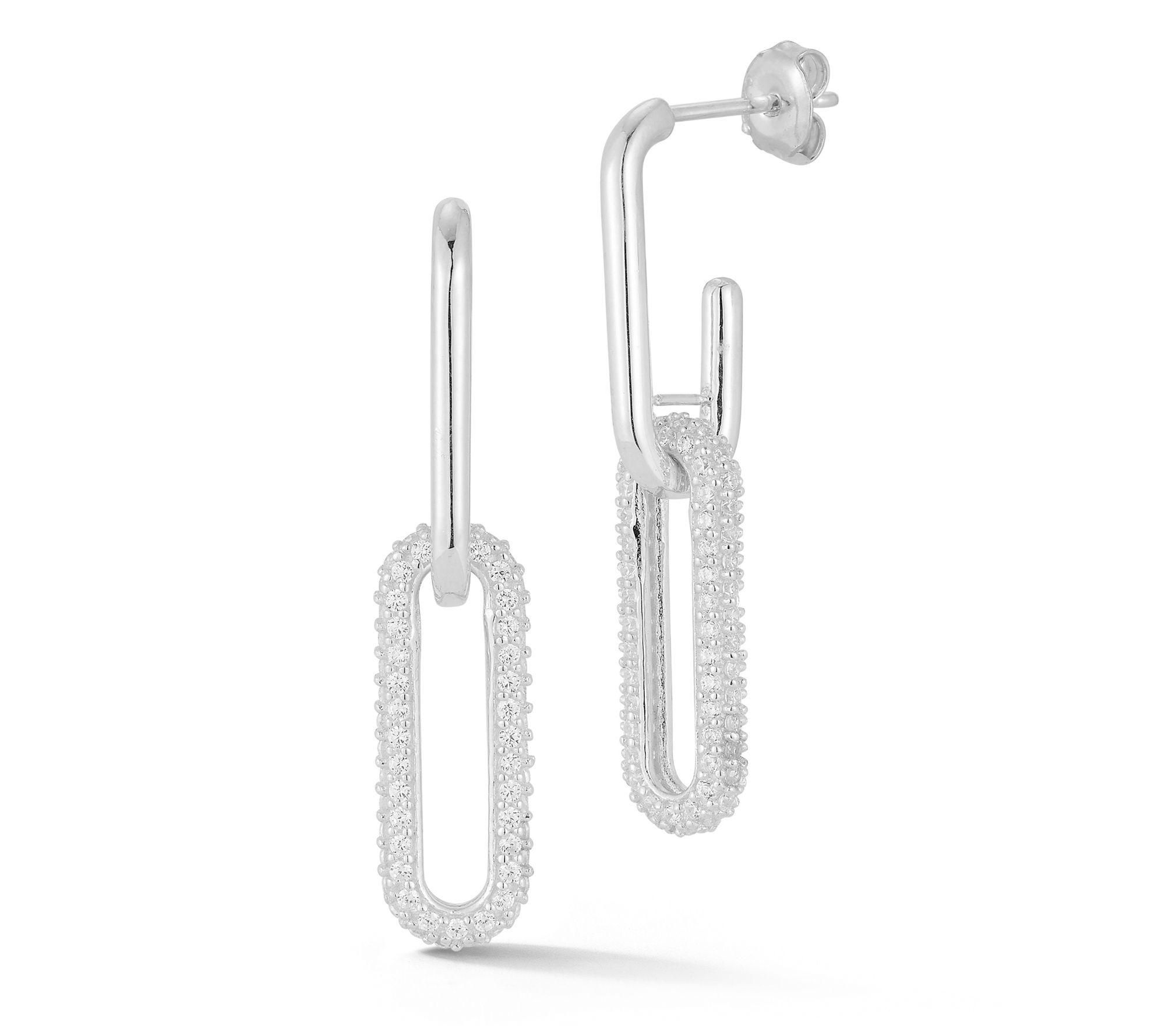 Sterlina Silver Double Elongated Pave Link Earrings, Sterling