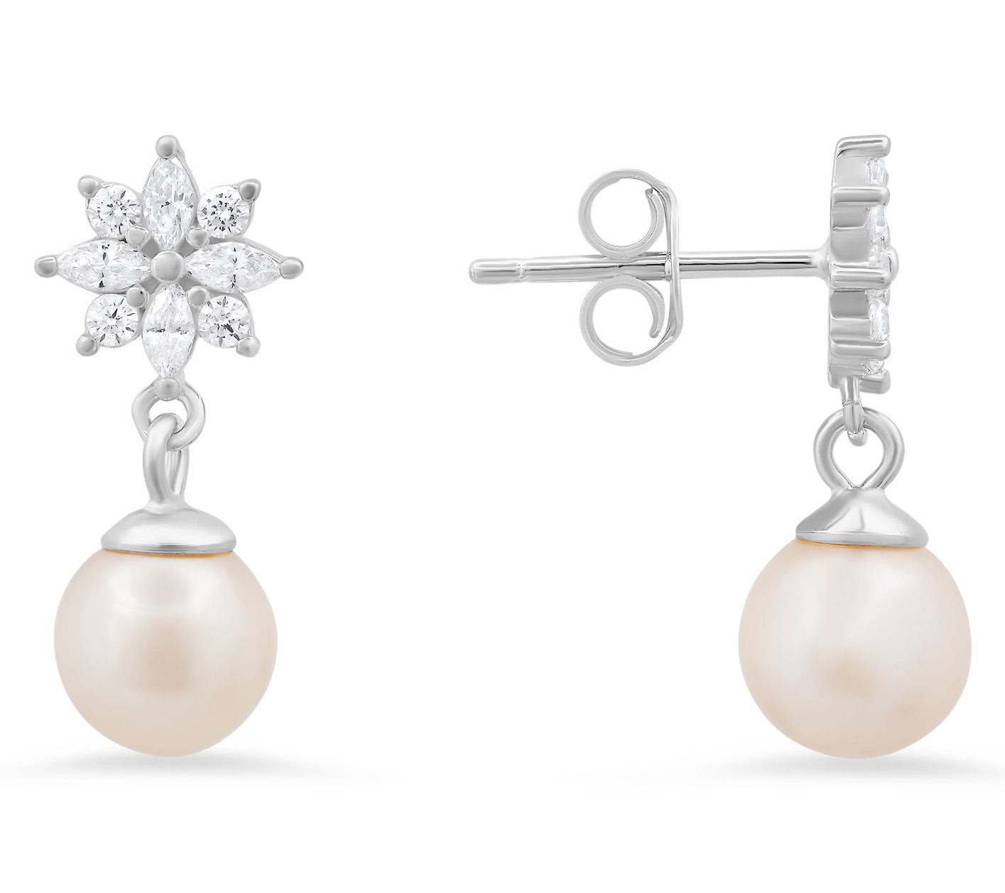 Diamonique Floral Cultured Pearl Drop Earrings,Sterling