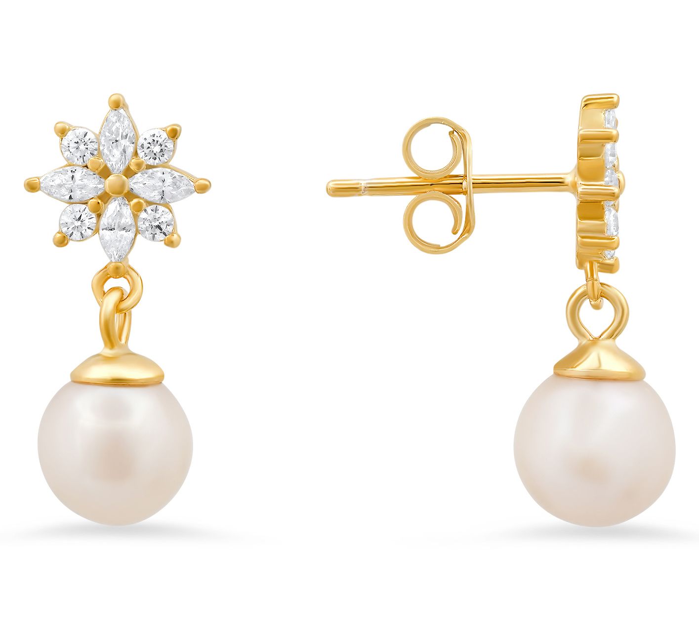 Diamonique Floral Cultured Pearl Drop Earrings,Sterling