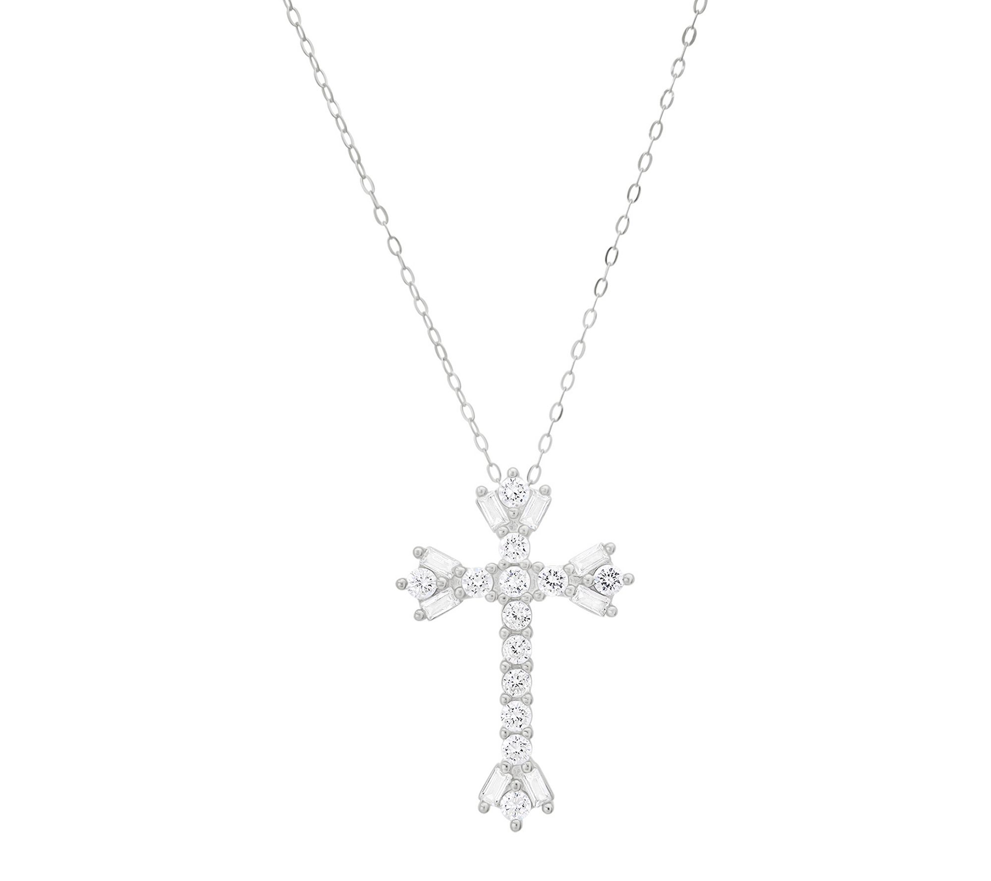 Diamonique Vintage Floral Cross Pendant w/ Chain, Sterling