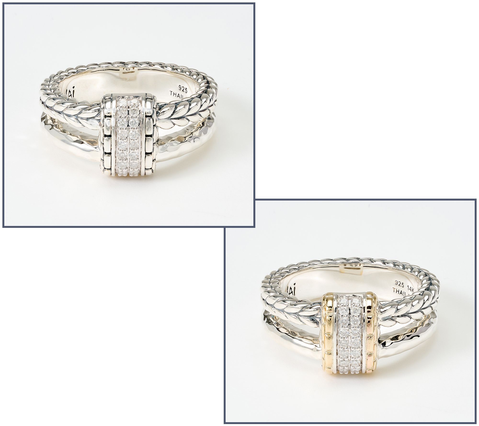  JAI Sterling Silver Pave Diamond Double Band Textured Ring - J465215