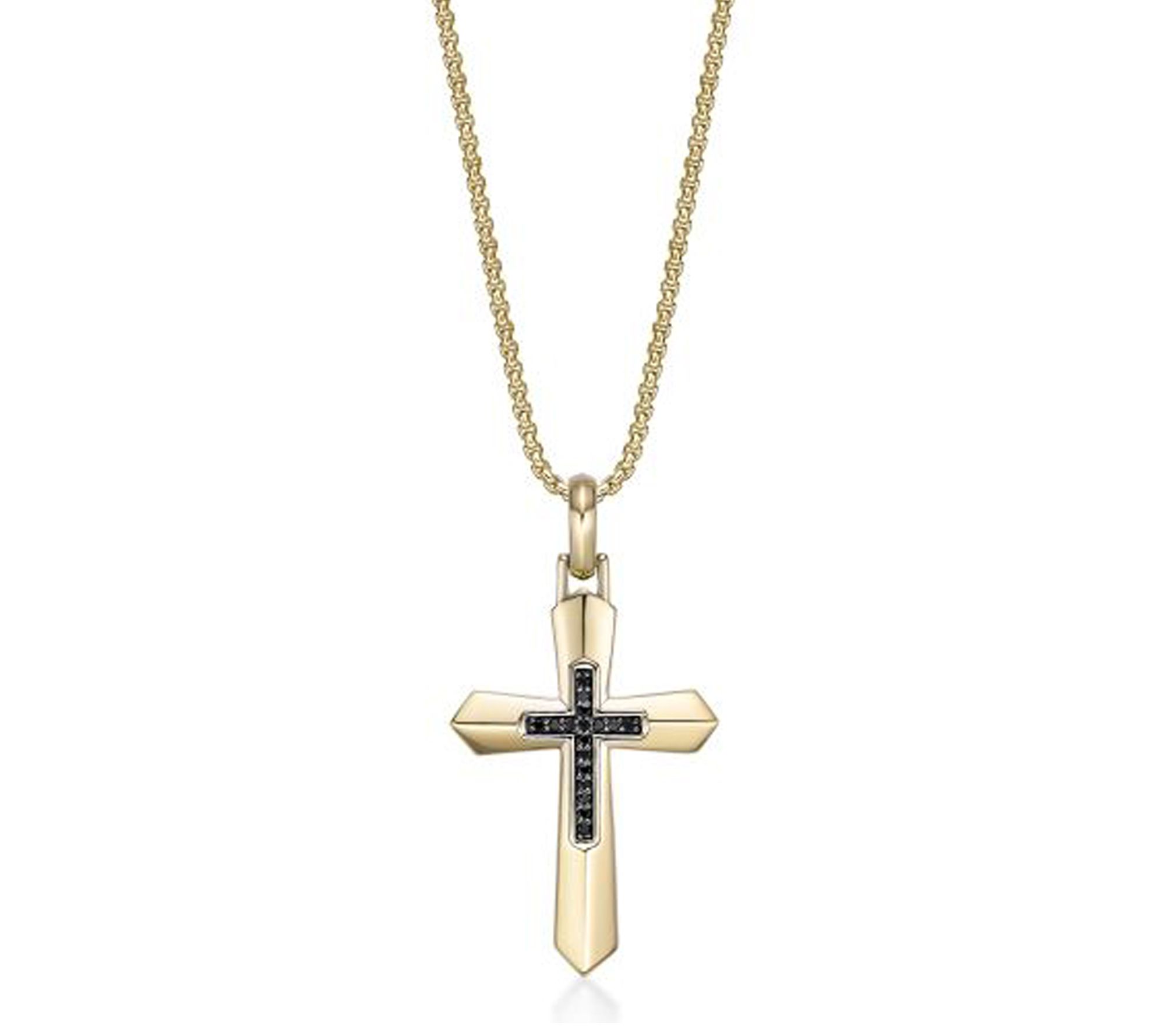 LYNX Men's Black Diamond Cross Pendant w/ Chain, 14K Plated
