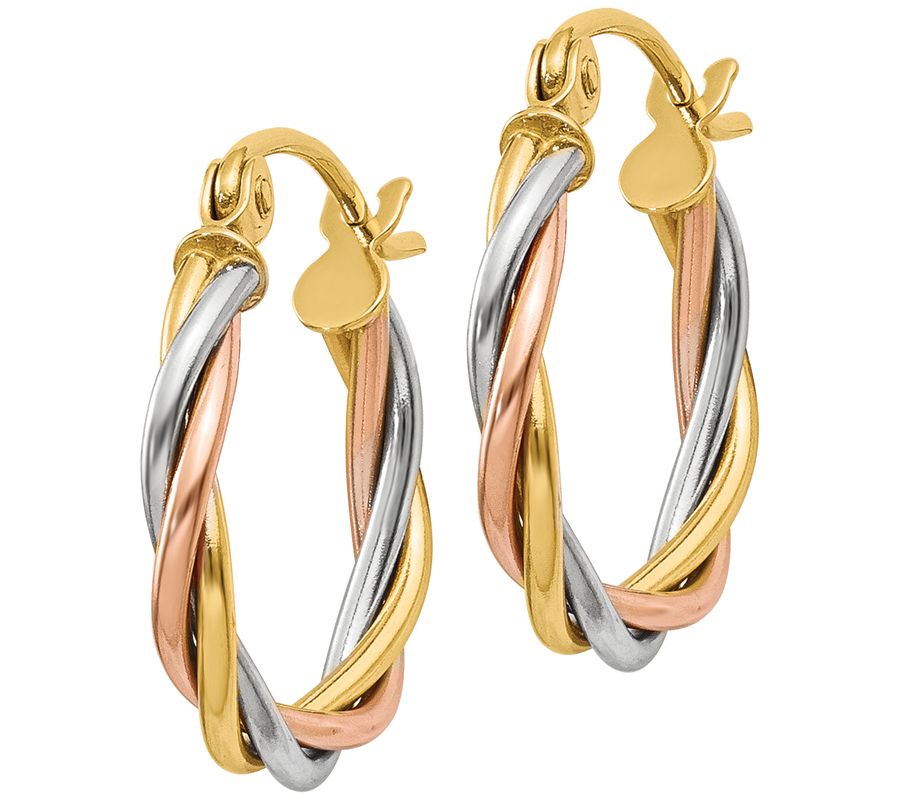 14k Gold Tri Color Round Twisted Hoop Earrings