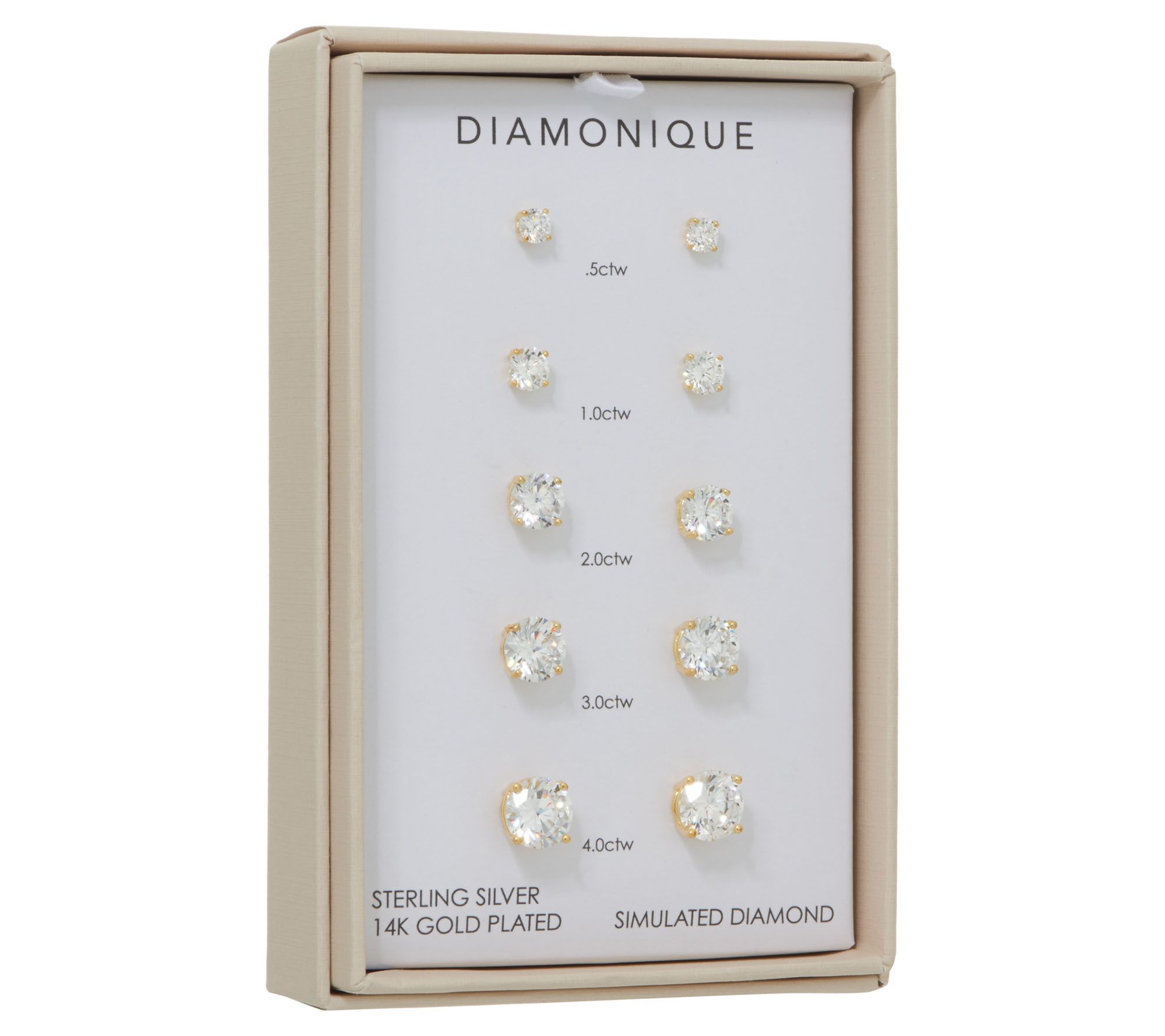 Diamonique Set of 5 Stud Earrings, Sterling or 14K Plated, Boxed