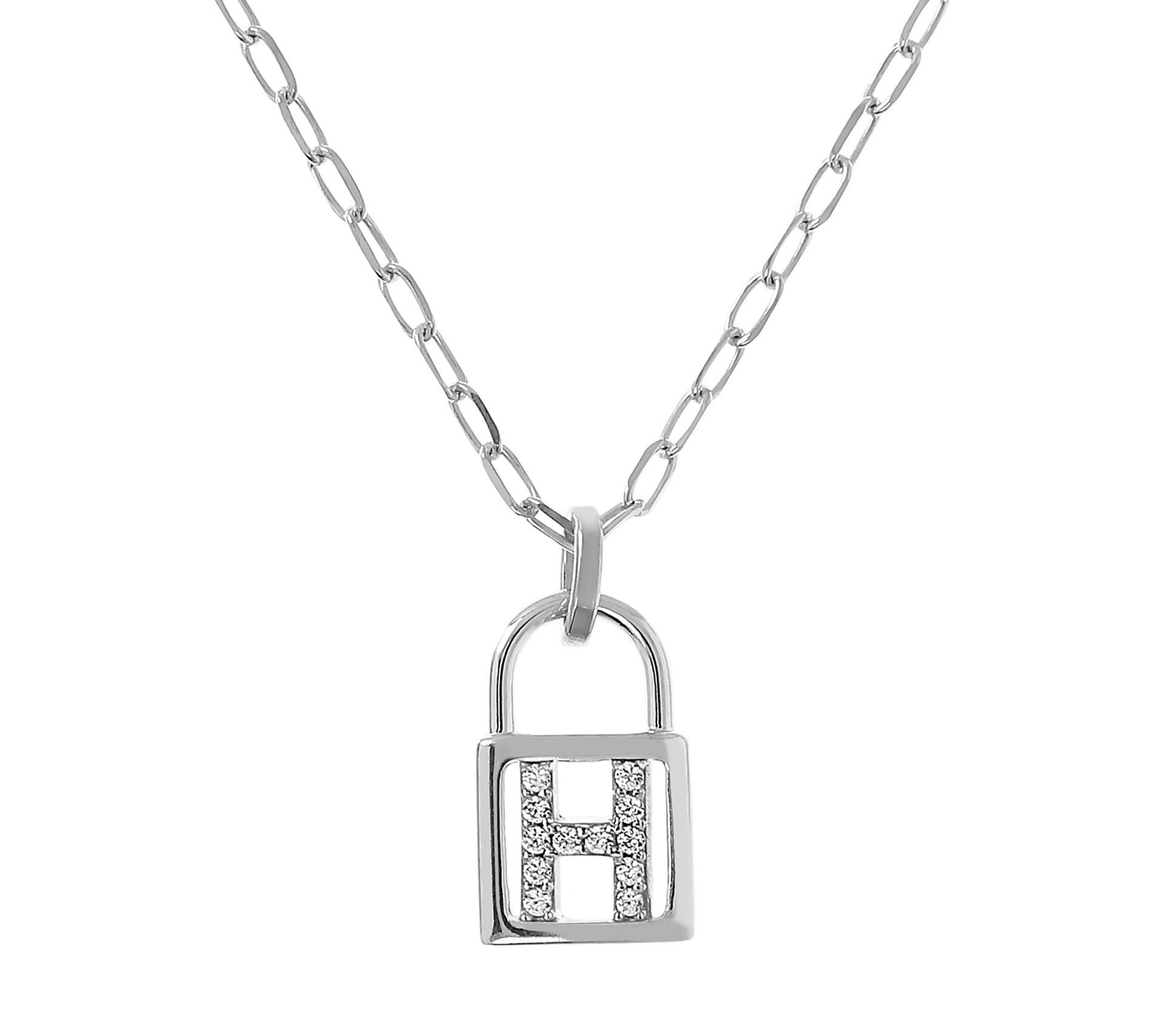 Diamonique Initial Lock Pendant w/ Paperclip Ch ain, Sterling
