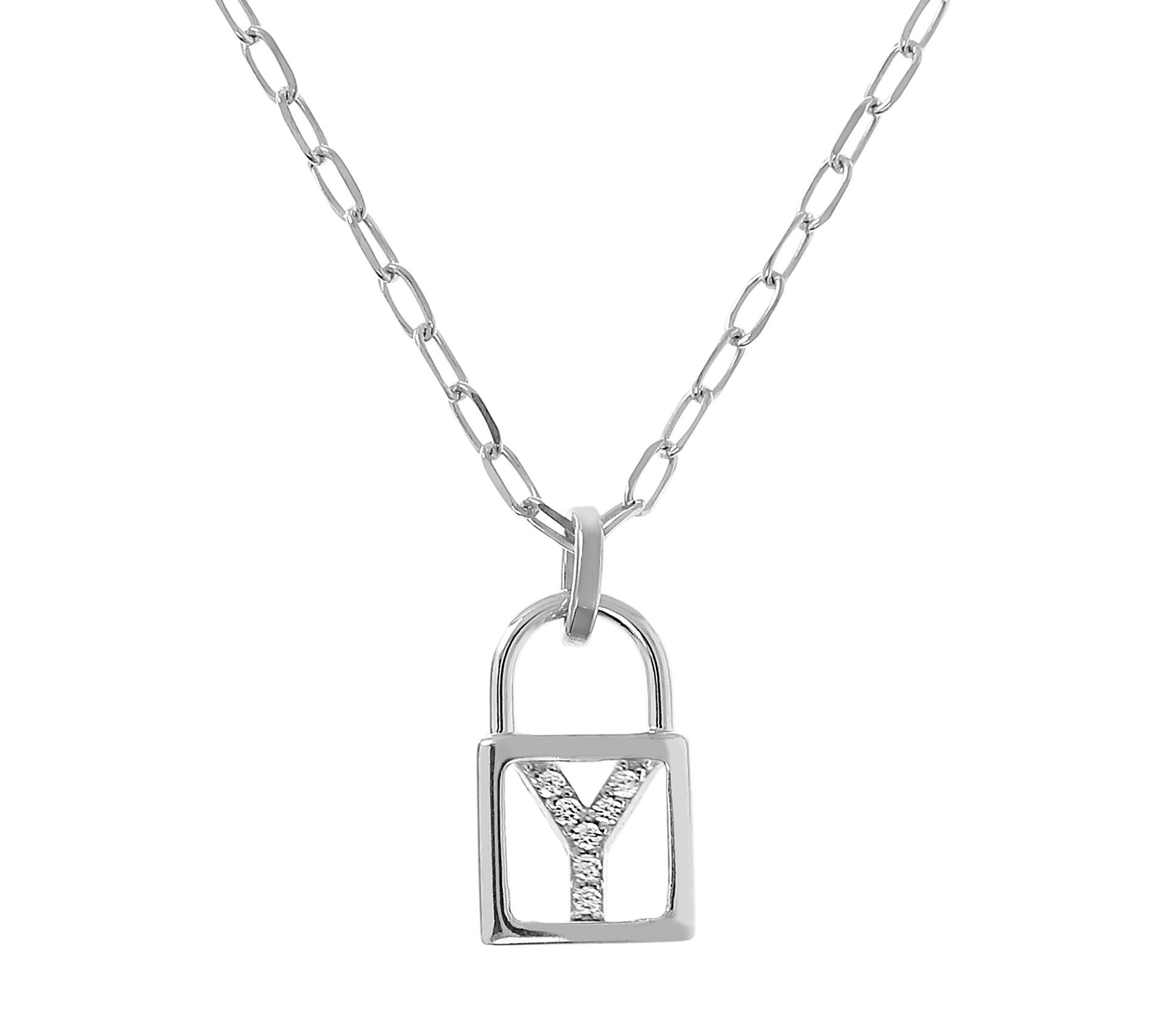 Diamonique Initial Lock Pendant w/ Paperclip Ch ain, Sterling