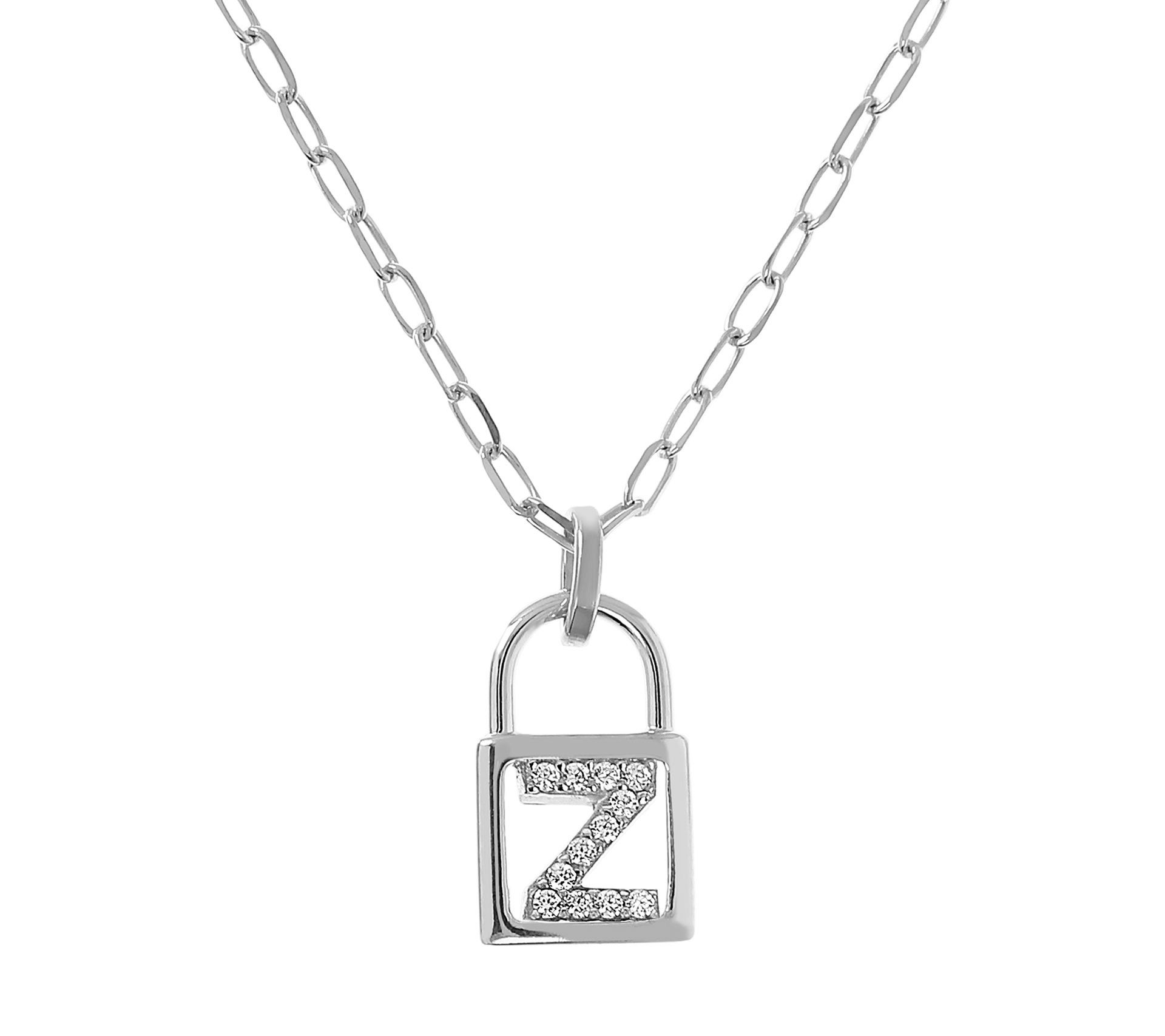 Diamonique Initial Lock Pendant w/ Paperclip Ch ain, Sterling