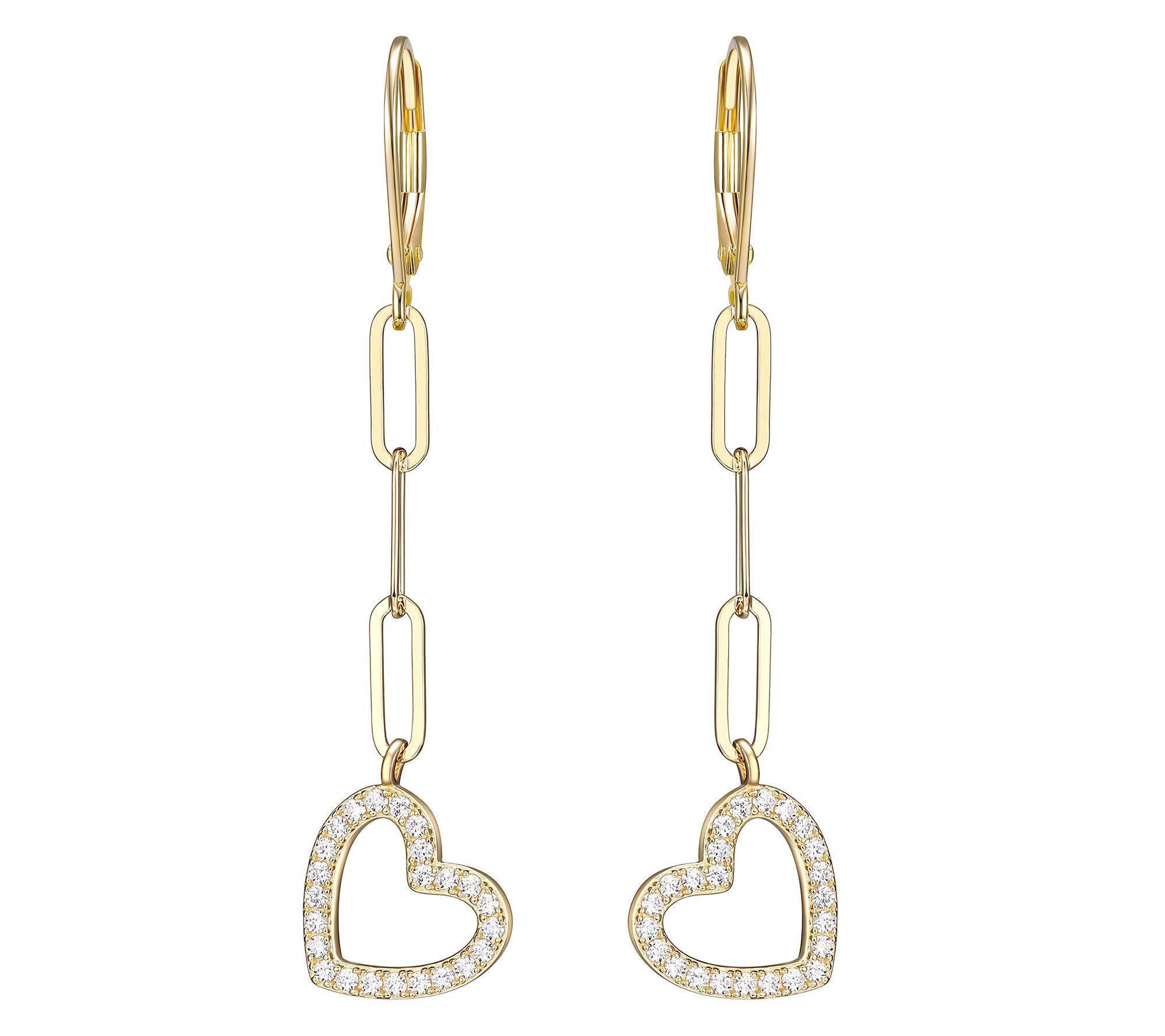 Diamonique Heart Paperclip Link Earrings, 18K Gold Clad