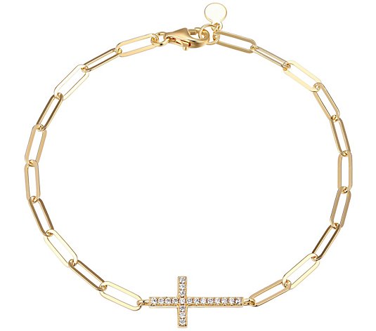 Diamonique Paperclip Link Cross Bracelet, 18K Gold Clad