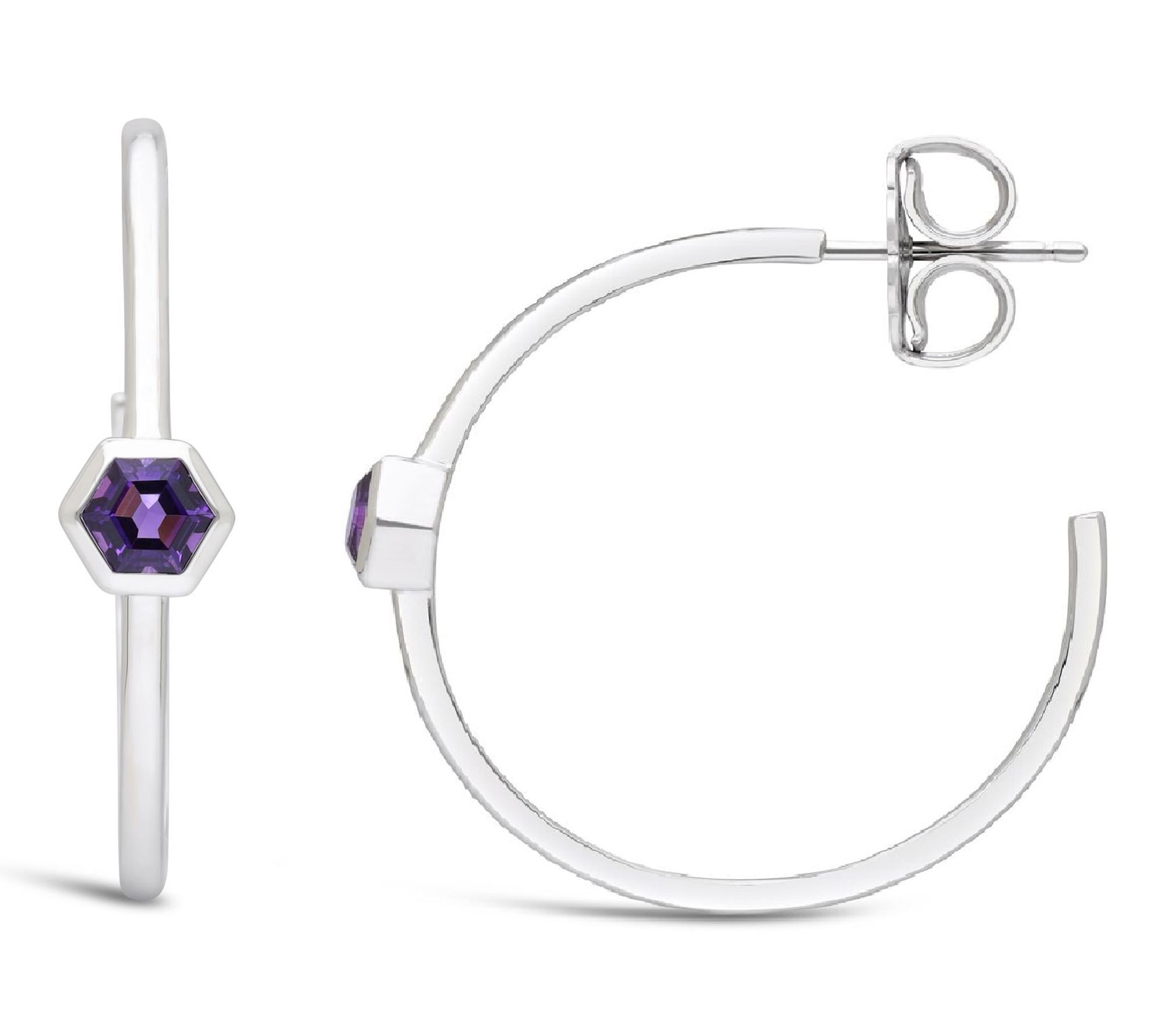 Goddaughters Sterling Silver Hexagon Amethyst Hoop Earrings